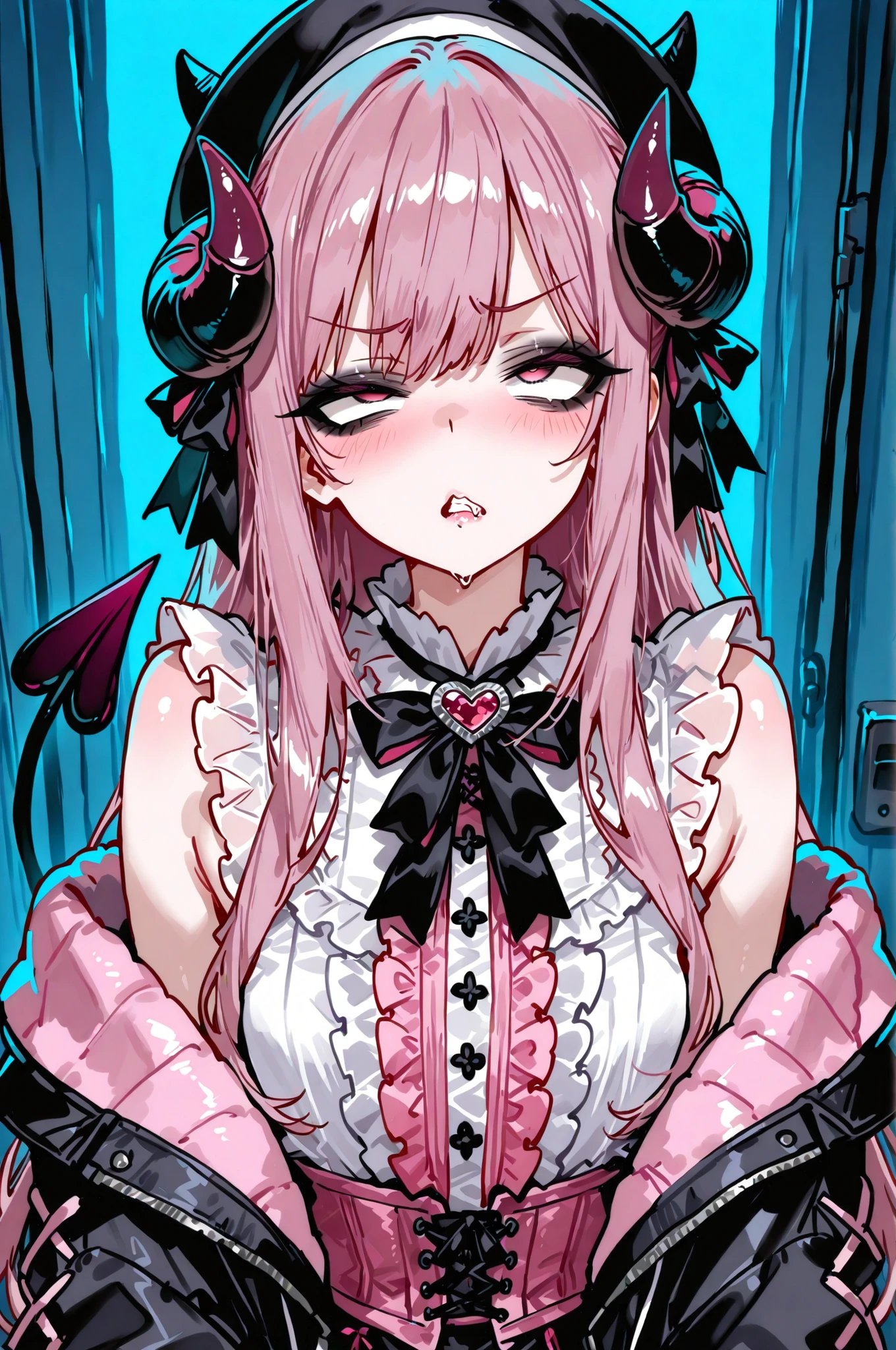 High Quality greatest masterpiece high image quality 1 girl twin tail hair Little Devil's Horns (Dark navy hair color pink mesh hair taken from the front) Voluminous Lashes black eyeshadow lip gloss for thighs (black beret sleeveless white blouse oversized jacket Black Jacket) frills、ribbon、heart applique decoration Toxic Cute stares at me (Tired Expression eyebrows, rolling eyes) ( Bust-up composition depicts the upper body ) cute blind curtain background Cold blue light source (dark room) Yandere vibe