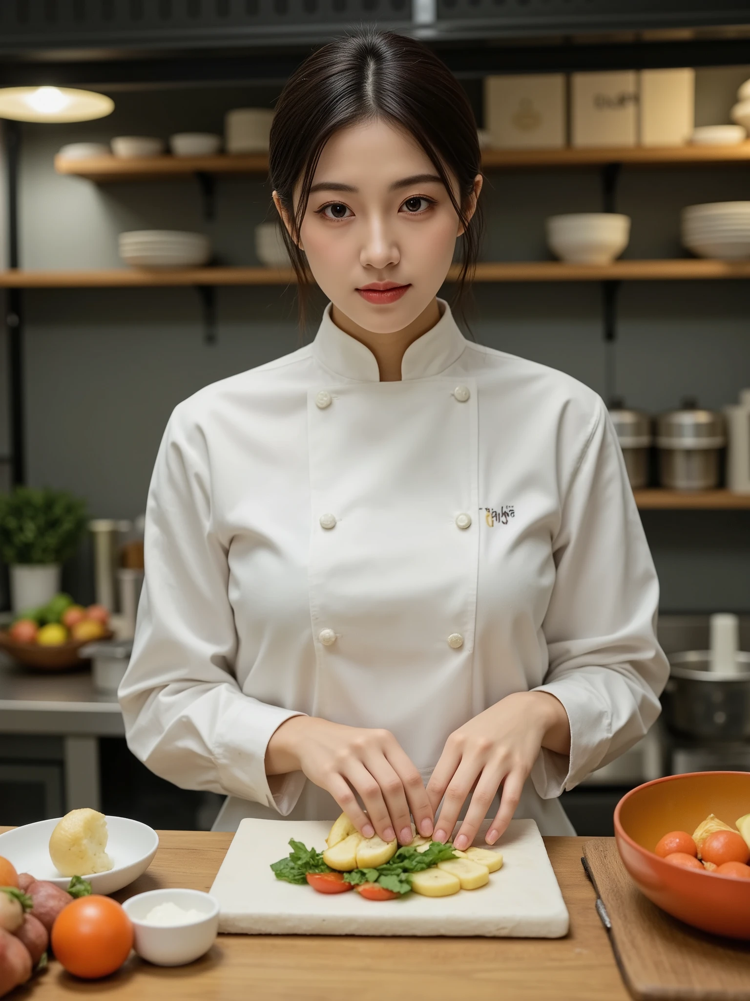 美しい女性シェフ,食材と調理器具が整ったキッチン,包丁,牛肉,4K高解像度,ハイクオリティ,写実的,極細部まで描写された,スタジオライティング,ボケ味,豊かな色彩,ダイナミックな構図,リアリスティックな調理の雰囲気,専門的なフォトグラフィー作風,精緻な油絵タッチ,ワークシーン,繊細な質感,温かみのある照明,調理中の優雅な姿勢