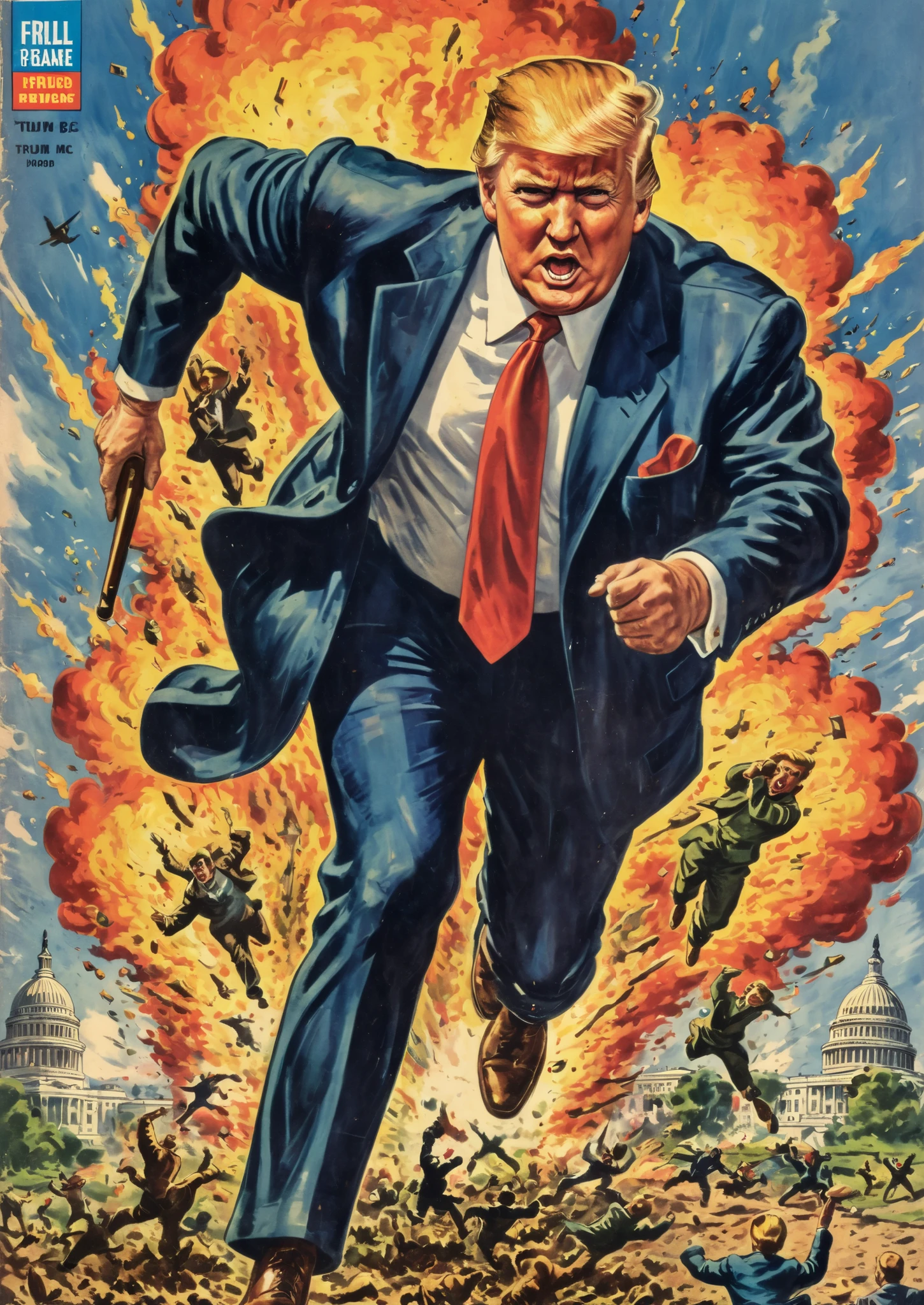 Vintage comic book cover illustration of handsome mr Donald Trump exiting manically over the United States Capitol exploding, frisk, cool be cool, vintage dirt,