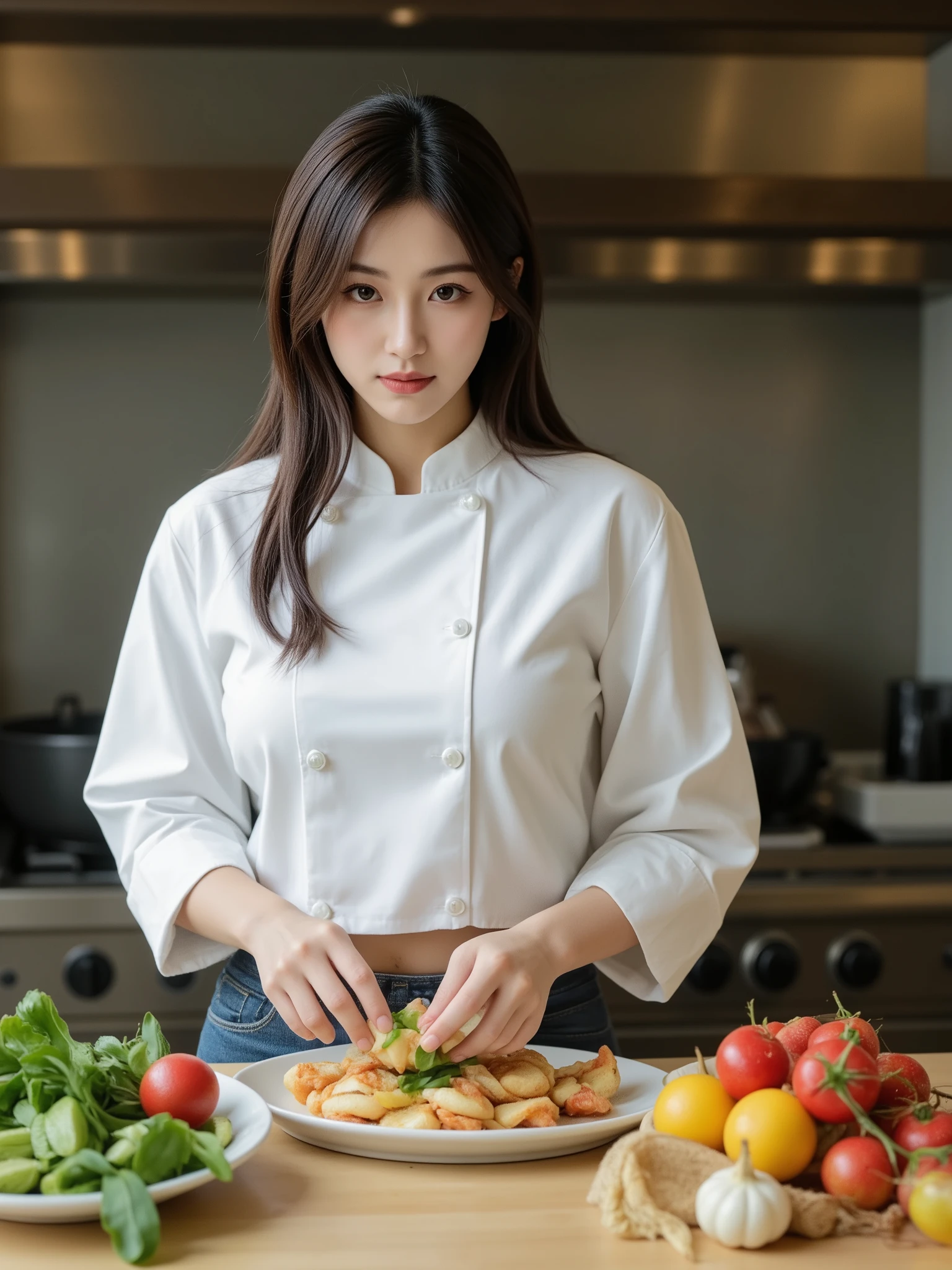 美しい女性シェフ,食材と調理器具が整ったキッチン,包丁,牛肉,4K高解像度,ハイクオリティ,写実的,極細部まで描写された,スタジオライティング,ボケ味,豊かな色彩,ダイナミックな構図,リアリスティックな調理の雰囲気,専門的なフォトグラフィー作風,精緻な油絵タッチ,ワークシーン,繊細な質感,温かみのある照明,調理中の優雅な姿勢