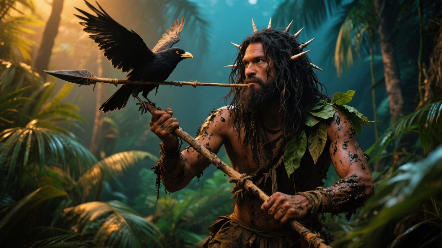 Create a high-quality photograph of a Brazilian indigenous warrior from the year 1450 AD. The warrior should be depicted with traditional war paint, based on historical accuracy. He is equipped with battle gear, including a bow, arrows, and a club (tacape). The attire and accessories should be inspired by the works of Jean-Baptiste Debret, reflecting the cultural and historical aspects of the indigenous inhabitants of Brazil. The warrior stands in a lush, dense jungle setting, with a focused and determined expression, ready for battle. The scene should be vibrant and detailed, capturing the essence of the era and the warrior's readiness for combat.