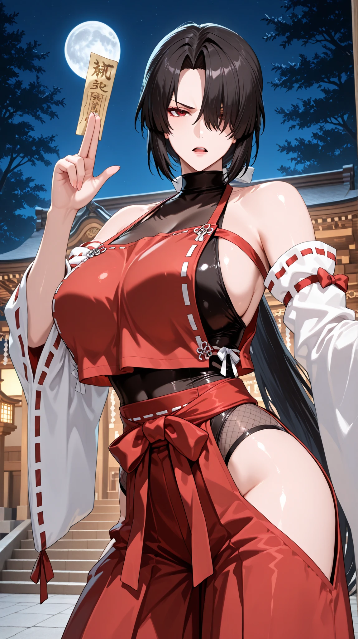 handfixer,Japanese background,SOLO,A mature Female,sendai hakurei no miko,red hakama, solo, leotard under clothes, black Fishnet leotard, japanese clothes, nontraditional miko, black hair, hakama pants, Red eyes, large breasts, detached sleeves, hip vent,(Brown Short hair,curtained hair, hime cut, hair over one eye)),((Very long ponytail)(Low ponytail)),(Finger Gun)(Holding A Talisman paper),(Rebuke, scowl,v-shaped eyebrows, open mouth),Dancer Pose,In front of the Shrine,Outdoors,At Midnight,Full moon,Cowboy shot,Close up,UHD, masterpiece, anatomically correct, Shiny skin, super detail, best quality, highres, 16k, 1080P,Cowboy Shot,(From Side),(((Look at the viewer)))