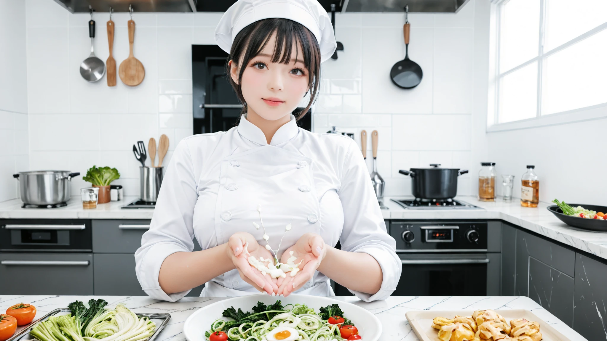 1girl, sushi chef, nfsw, , solo, at sushi kitchen, smile, happy, big , cute face