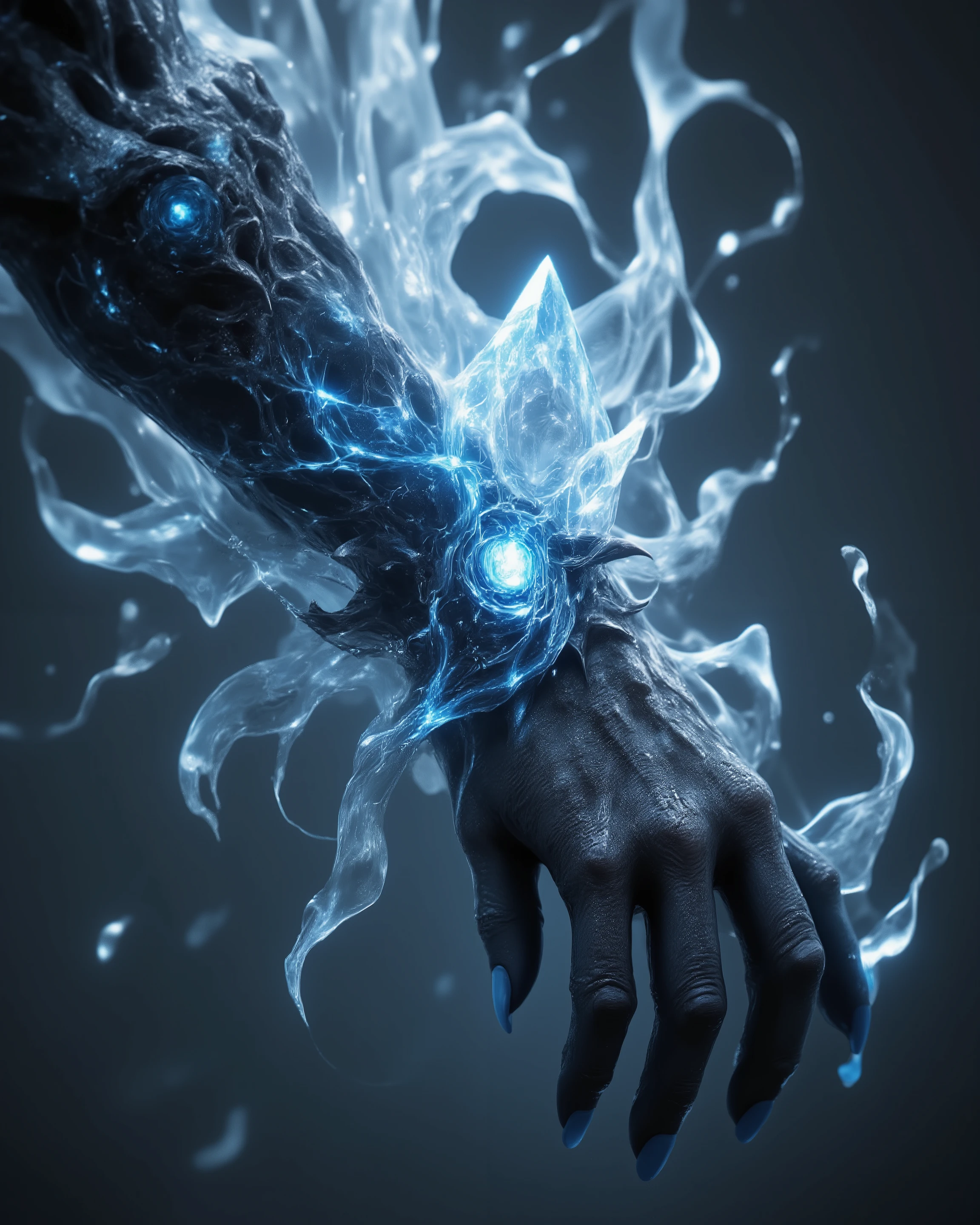 Ultra-detailed, hyper-realistic close-up of a demonic arm fused with ancient ice crystals, designed with a dark and mystical aesthetic. The lower arm and hand are made of obsidian-black flesh, sleek yet menacing, with elongated clawed fingers and sharp, defined knuckles. Intricate ethereal markings resembling glowing runes spiral around the skin, pulsating faintly with icy blue energy, as if channeling ancient frozen magic.
From the forearm upward, the transformation becomes extraordinary: massive translucent ice crystals erupt and grow outward in chaotic, jagged formations, shimmering with an inner frosted glow. The crystals have varying textures — some smooth and glasslike, others sharp and fractured — refracting light into soft blue and white tones. Between the crystals, faint veins of glacial energy pulsate with a cold radiance, giving the sensation that the arm itself is alive and sentient. Wisps of frozen mist escape from the cracks, surrounding the structure with a thin veil of frost.
Tiny arcs of static energy dance along the edges of the ice shards, intertwining with faint streams of condensation, as if raw elemental power surges beneath the surface. The transition from the organic demonic flesh to the crystalline ice is seamless, merging nature and sorcery into an otherworldly hybrid. The overall design conveys an ancient, cursed artifact vibe, radiating immense power and a chilling, supernatural aura.
A softly blurred background enhances focus on the arm’s intricate details, emphasizing its surreal, mystical, and intimidating essence, perfect for dark fantasy and epic character design.