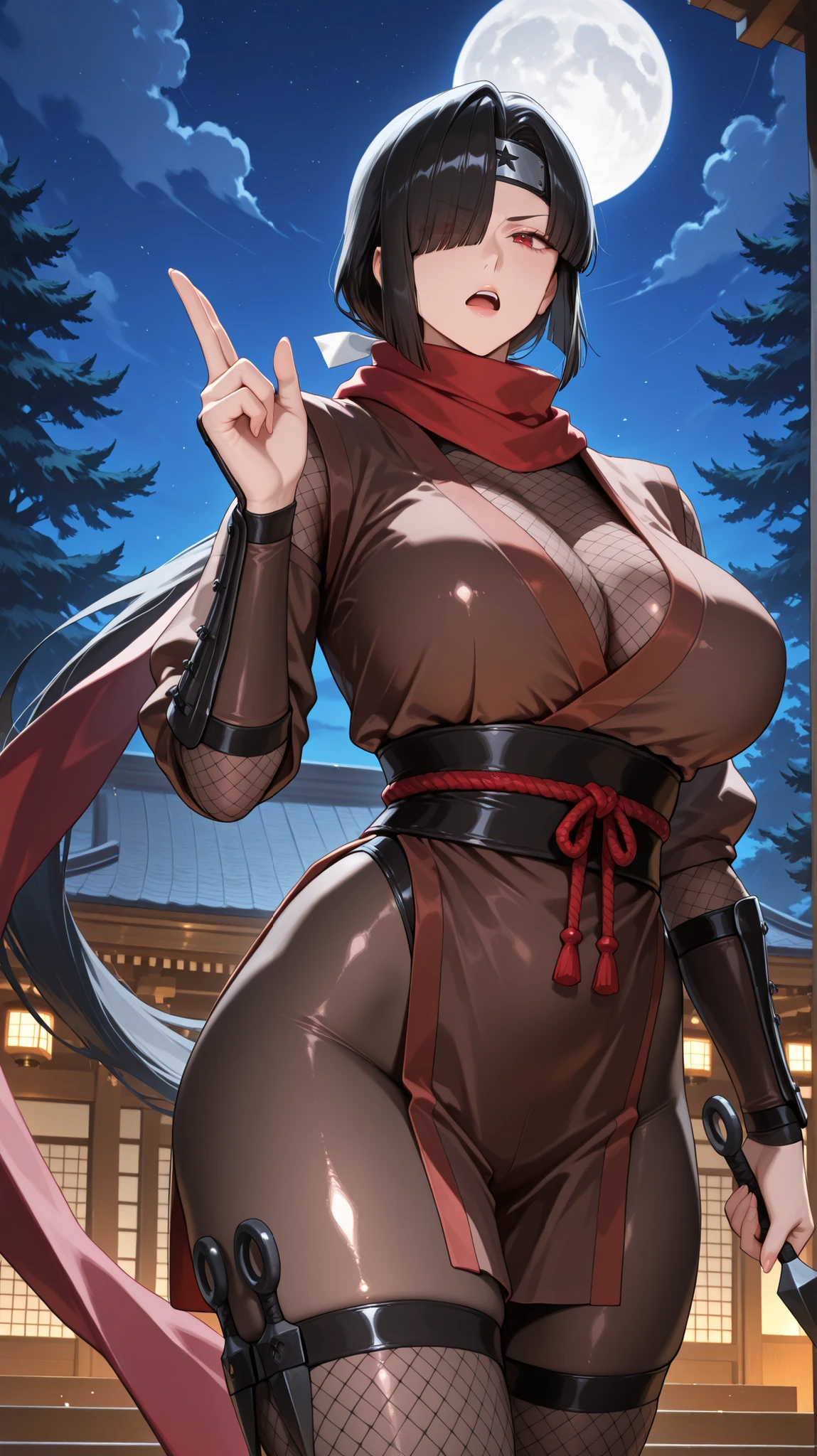 ninja, fishnets, scarf,handfixer,Japanese background,SOLO,A mature Female(Ninja),Black body Tights under Ninja Clothing,Japanese clothes,black hair, Black silk Stockings, Red eyes, large breasts, Ninja sleeves Armor,Ninja Headband,(Brown Short hair,curtained hair, hime cut, hair over one eye)),((Very long ponytail)(Low ponytail)),(One Hand Finger Gun),(Another hand Holding A kunai),(Rebuke, scowl,v-shaped eyebrows, open mouth),Standing on the roof of the Shrine,Outdoors,At Midnight,Full moon,UHD, masterpiece, anatomically correct, Shiny skin, super detail, best quality, highres, 16k, 1080P,Cowboy Shot,(((Look at the viewer)))