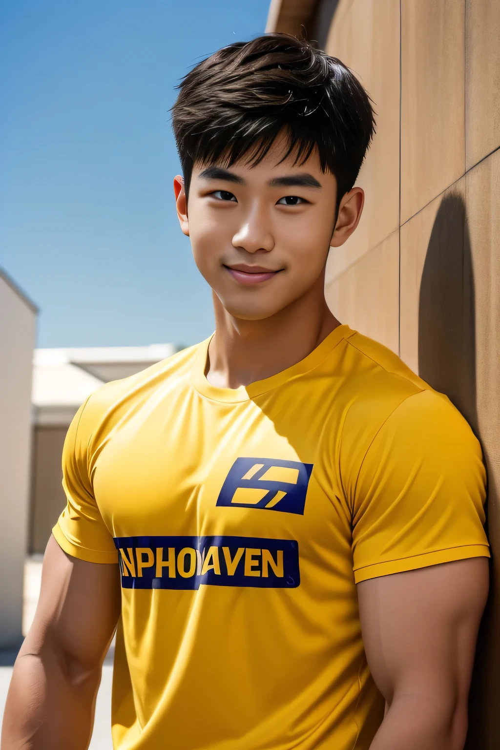 18-year-old male、Japanese、handsome guys、Macho、athlete、plain yellow clothes、super short hair、smile