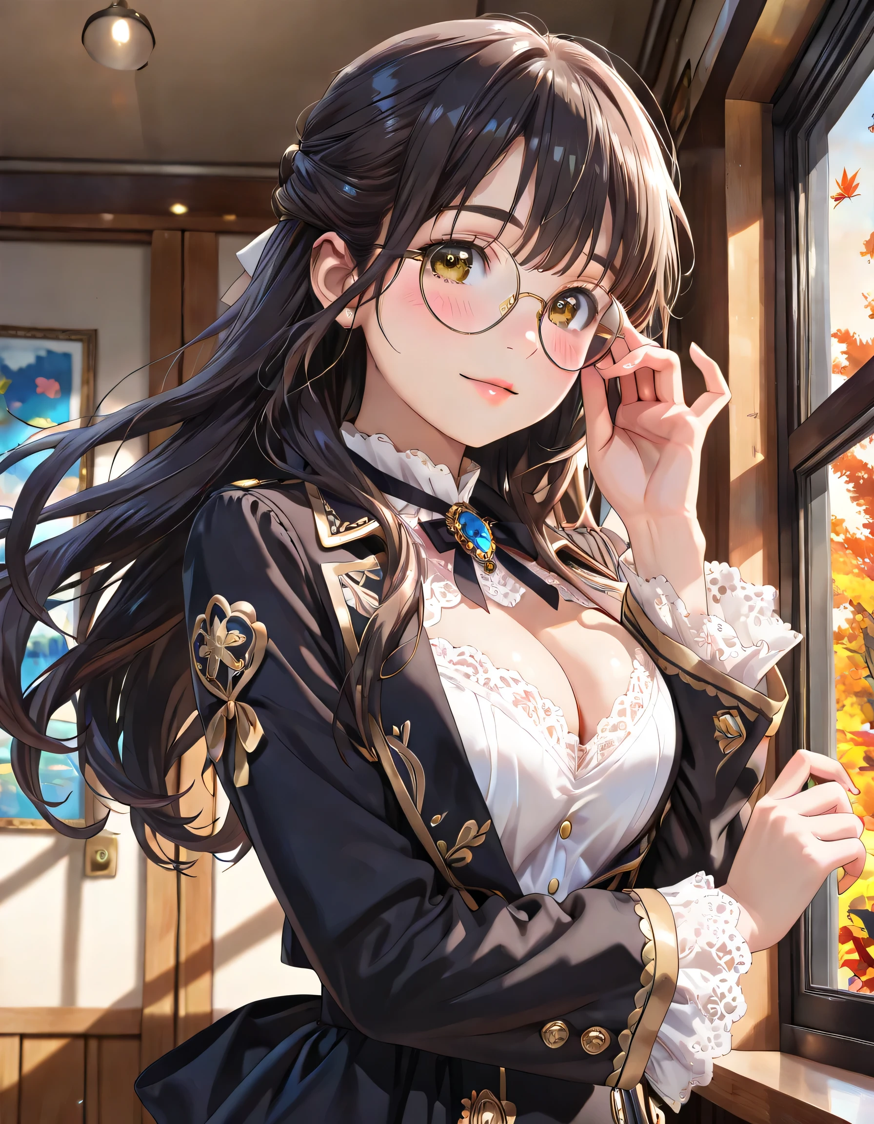 ((ultra-detailed)), (highly detailed CG illustration), (best quality:1.3), ultra-highly detailed, colorful composition, artistic portrait, 1girl, solo, moe anime character, Anime-style, harmonious color palette, ethereal ambiance, dainty facial structure, round face, rounded chin:1.2, short stature, thick eyebrows, brown eyes, droopy eyes, black hair:1.3, long hair, half updo, (wearing glasses:1.3), (round eyewear:1.3), ample breasts, ornate red rococo coat, gold embroidery, white lace jabot, classical attire, gentle smile:1.3, blush:1.3, flowing hair in the wind, from side, angled view, looking viewer, upper body, dark muted background, baroque interior ambiance, autumn, evening, sidelighting, cinematic lighting, dynamic pose, contrapposto pose, best quality, masterpiece, portrait, depth of field, caustics, ray tracing, perfect face, lustrous skin, highly detailed face, highly detailed eyes, perfect nose, perfect hair, beautiful hair, beautiful small face, extremely detailed face, beautiful detailed eyes, beautiful clavicle, beautiful body, beautiful ample breasts, cleavage, breasts squeezed together, beautiful fingers, 4 fingers, 1 thumb, lovely, (very detailed background:1.0), (highly detailed background:1.0), pastel colors palette, intricate details, girly atmosphere, chromatic aberration