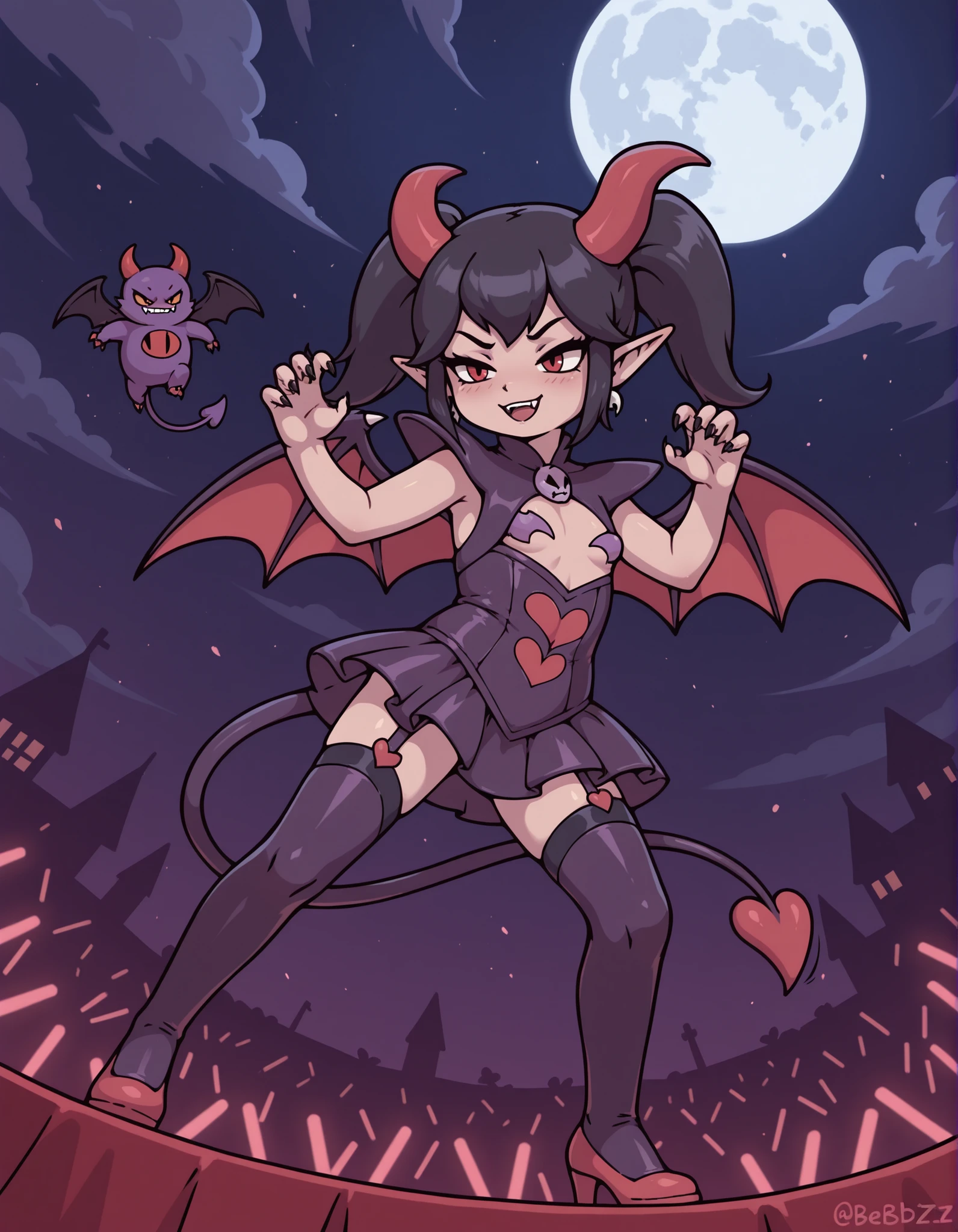 beebz, (DQB_DT), Beebz (Demon Turf),, safe, Idol, dancing on stage, twin tails on legs, devil's Wings, red and black bat wings ,devil's wings, devil Horns, devil, devil's tail, tiny boobs, My chest is smooth , rich breasts, Goth Rock, full moon, night , Night seaside, My whole body is visible, Succubus Clothes, devil's claw ,My nails are growing , attacks with claws, thunder, Thunder roars