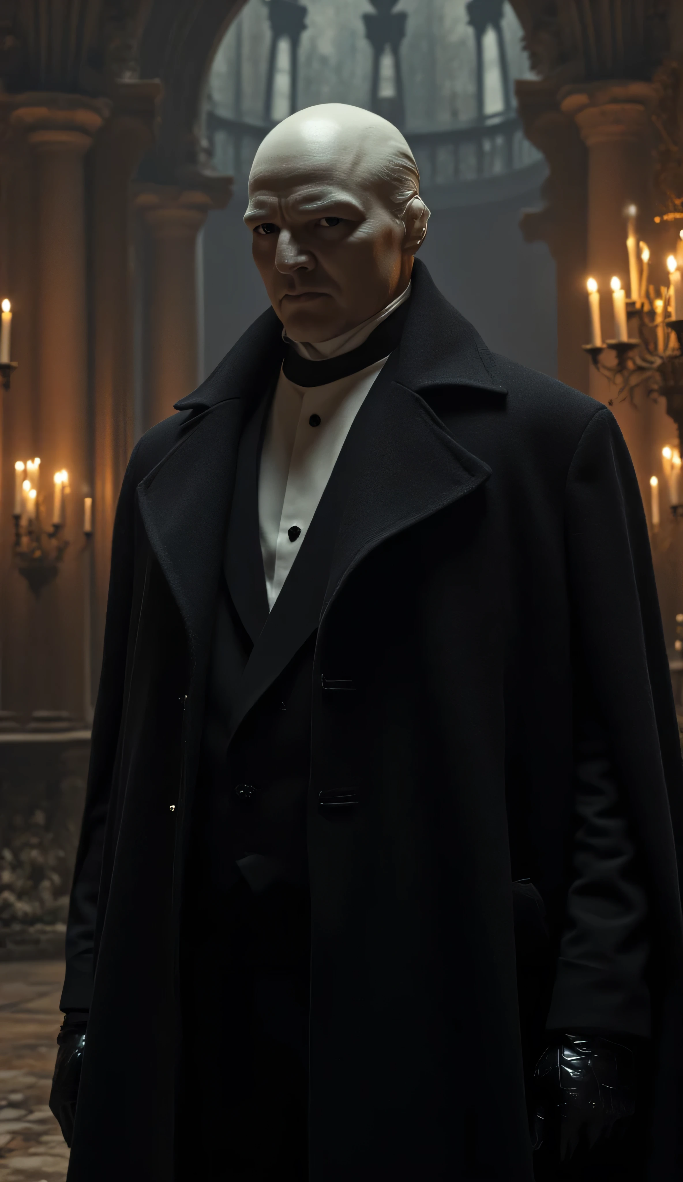 Pedro Pascal as Fantomas, iconic master criminal, wears a sleek black tuxedo, gloves, long coat, head covered with pale mask, bald, eerie enigmatic appearance, piercing eyes, menace and intelligence, stands, dramatic shadowy setting, grand Parisian hall, dark atmosphere, candlelight, looming gothic architecture, sinister mysterious and elegant mood, aura of a criminal mastermind, highly cinematic, atmospheric style, light and shadow