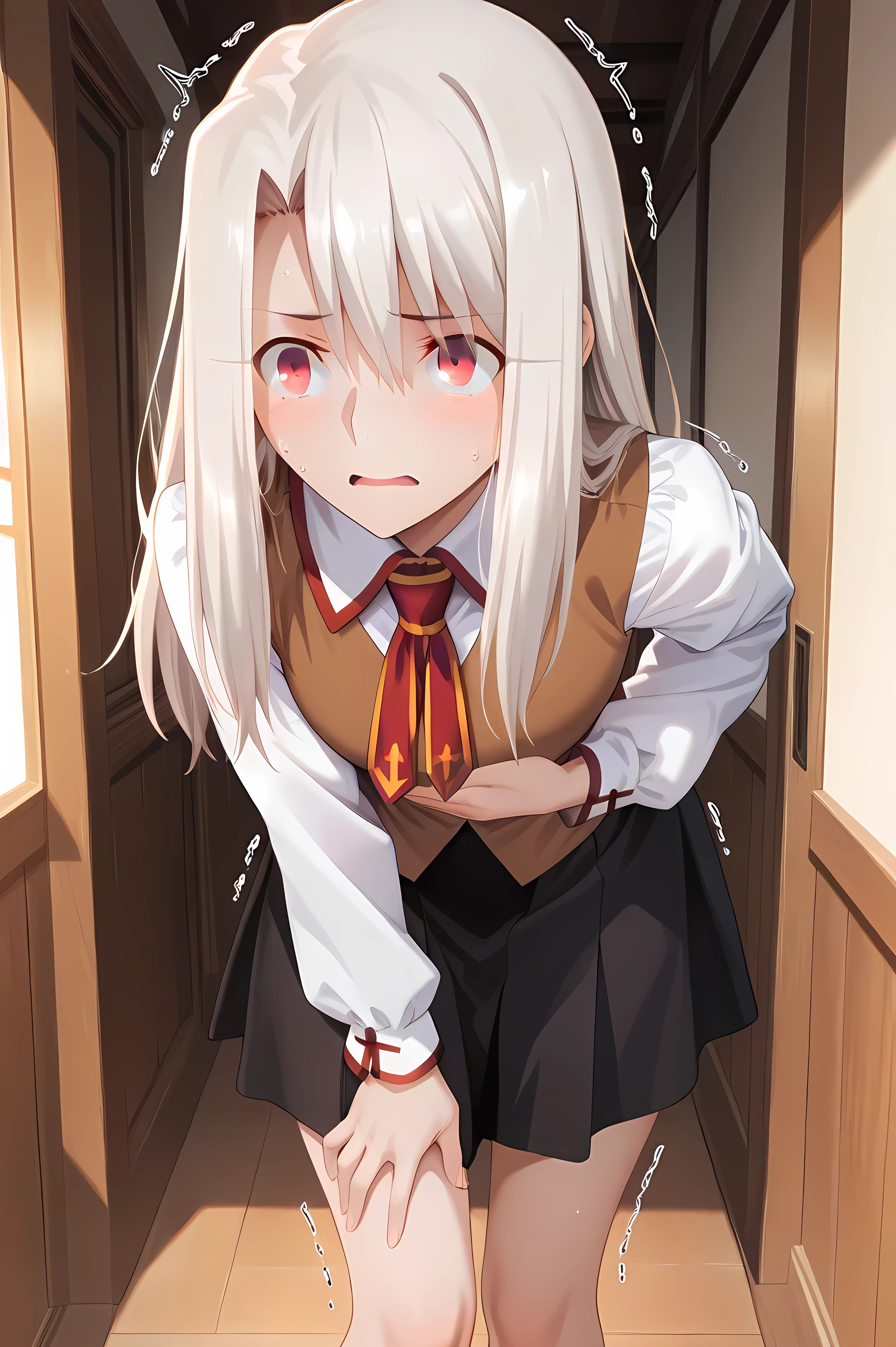 illyasviel von einzbern, white hair, long hair, red eyes, hair between eyes,homurahara academy school uniform, neck ribbon, red ribbon, brown vest, white shirt, collared shirt, long sleeves, black skirt, pleated skirt, Solo, general, masterpiece, highres, ultra-detailed, hyper-detailed, best quality,  amazing quality, very aesthetic, best hands, best eyes, best hand
adult woman, 1woman, hand on own stomach, sweat,  leaning forward, nervous, scared, trembling legs, wooden house hallway
