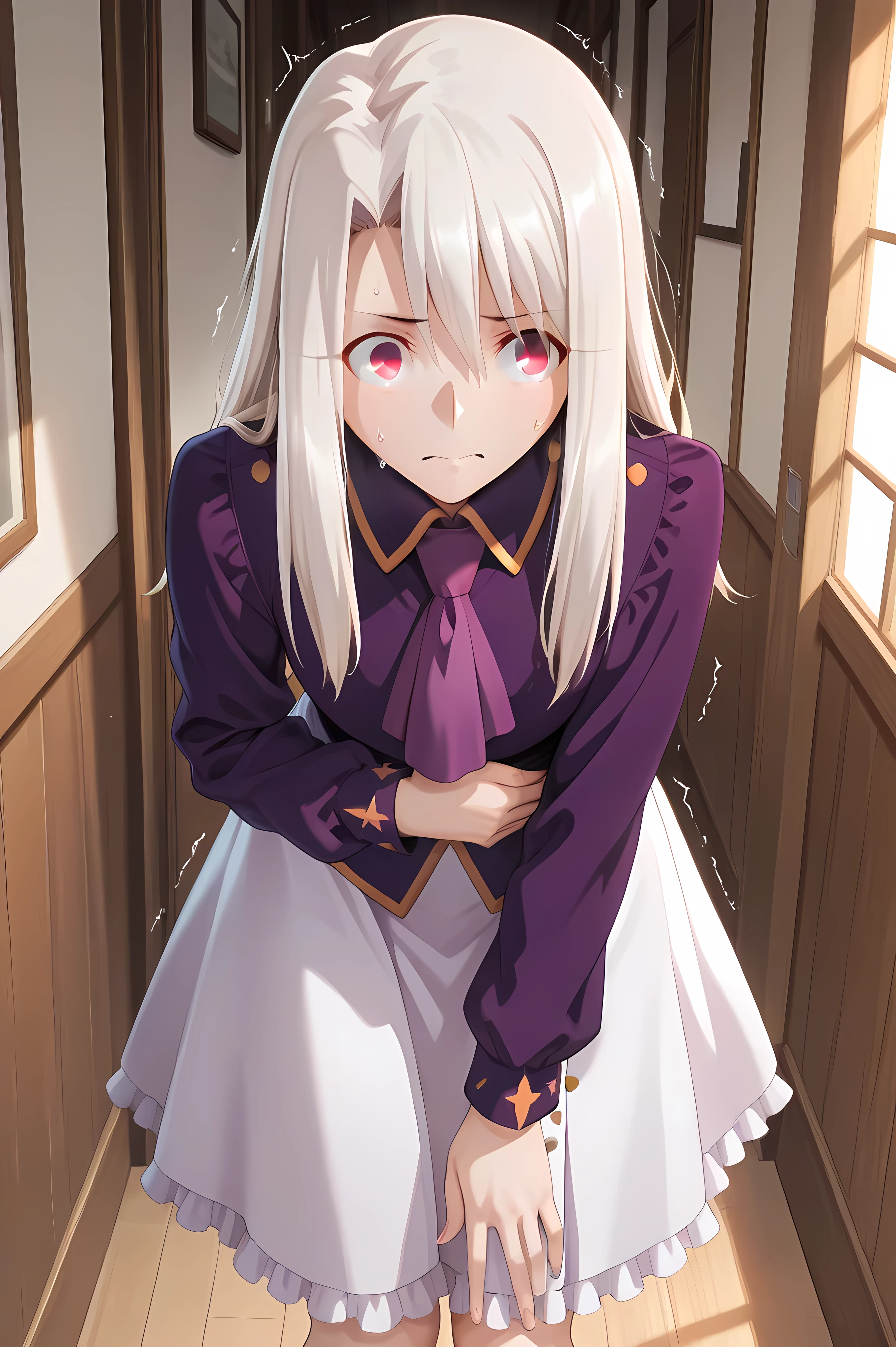 illyasviel von einzbern, white hair, long hair, red eyes, hair between eyes,purple ascot, purple shirt, collared shirt, long sleeves, white skirt, frilled skirt, medium skirt,Solo, general, masterpiece, highres, ultra-detailed, hyper-detailed, best quality, amazing quality, very aesthetic, best hands, best eyes, best hand
adult woman, 1woman, hand on own stomach, sweat, leaning forward, nervous, scared, trembling legs, wooden house hallway