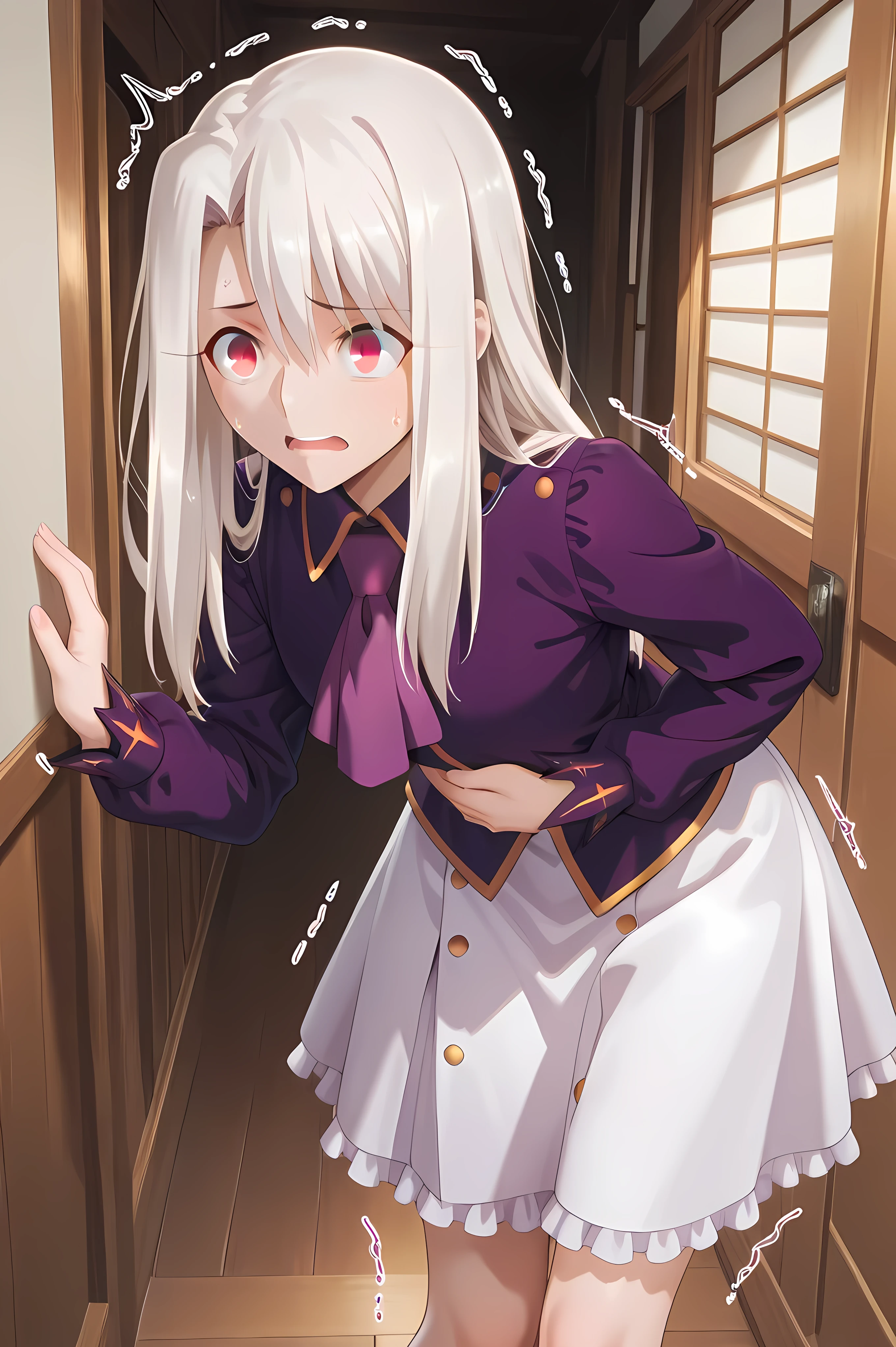 illyasviel von einzbern, white hair, long hair, red eyes, hair between eyes,purple ascot, purple shirt, collared shirt, long sleeves, white skirt, frilled skirt, medium skirt,Solo, general, masterpiece, highres, ultra-detailed, hyper-detailed, best quality, amazing quality, very aesthetic, best hands, best eyes, best hand
adult woman, 1woman, hand on own stomach, sweat, leaning forward, nervous, scared, trembling legs, wooden house hallway