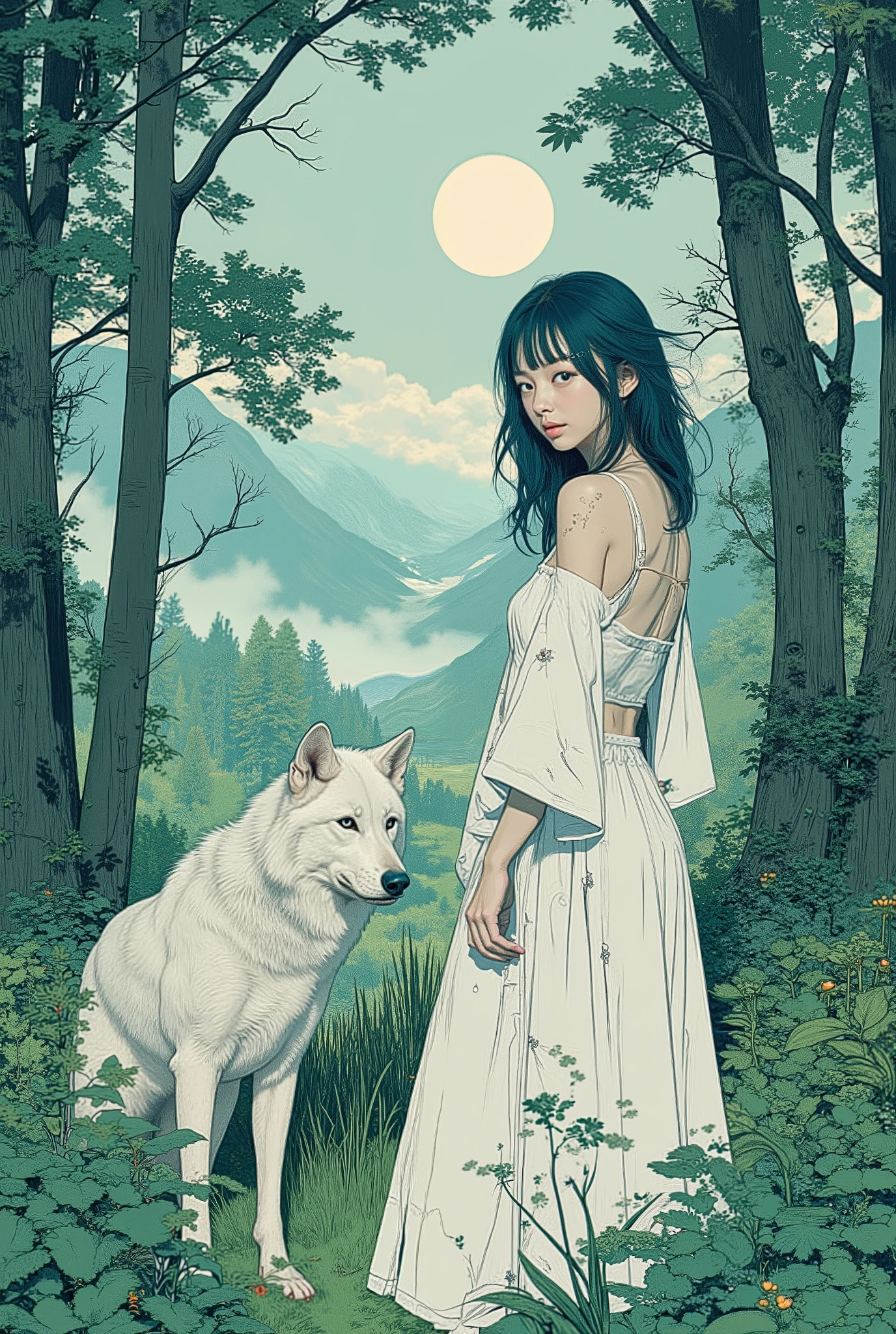 Pattern, S1n0z1ck style, anatomically accurate, (masterpiece, Highest Quality, Ultra-detailed line art, high resolutionのイラスト), Vector Art, vector illustration,
Beautiful girl, standing barefoot in a lush green forest at dawn surrounded by fresh greenery, protective and calm presence, full body shot,
wearing a white dress, long, loose hair flowing naturally,
white wolf standing on the side, 新緑に囲まれた,
Early morning light, Soft Mist, tree々wearing a simple white dress,
gentle expression, Serene atmosphere,
realistic line drawing style, ultra-fine inkline surrounded by fresh greenery, elegant,
Subtle Shading, natural and vivid green tone, artistic composition,
high resolution, 8k, Cinematic, poetic and refreshing mood, high resolution, 