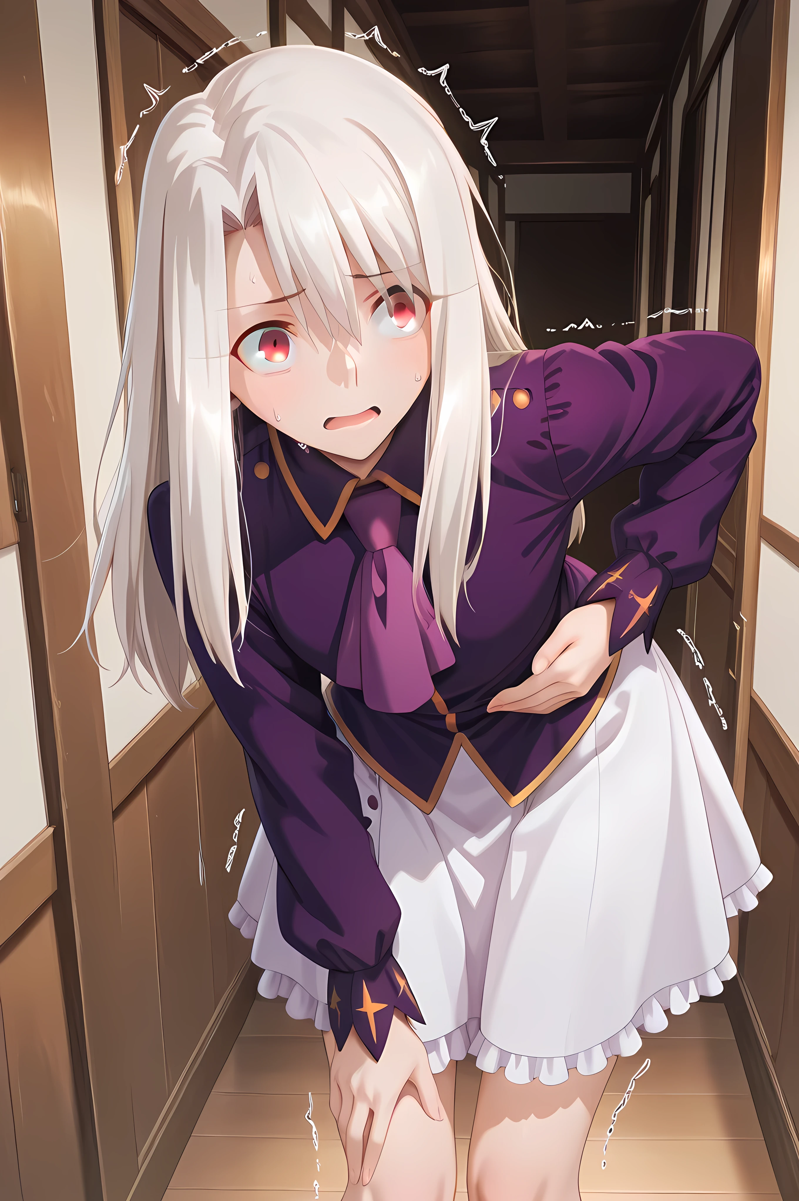 illyasviel von einzbern, white hair, long hair, red eyes, hair between eyes,purple ascot, purple shirt, collared shirt, long sleeves, white skirt, frilled skirt, medium skirt,Solo, general, masterpiece, highres, ultra-detailed, hyper-detailed, best quality, amazing quality, very aesthetic, best hands, best eyes, best hand
adult woman, 1woman, hand on own stomach, sweat, leaning forward, nervous, scared, trembling legs, wooden house hallway