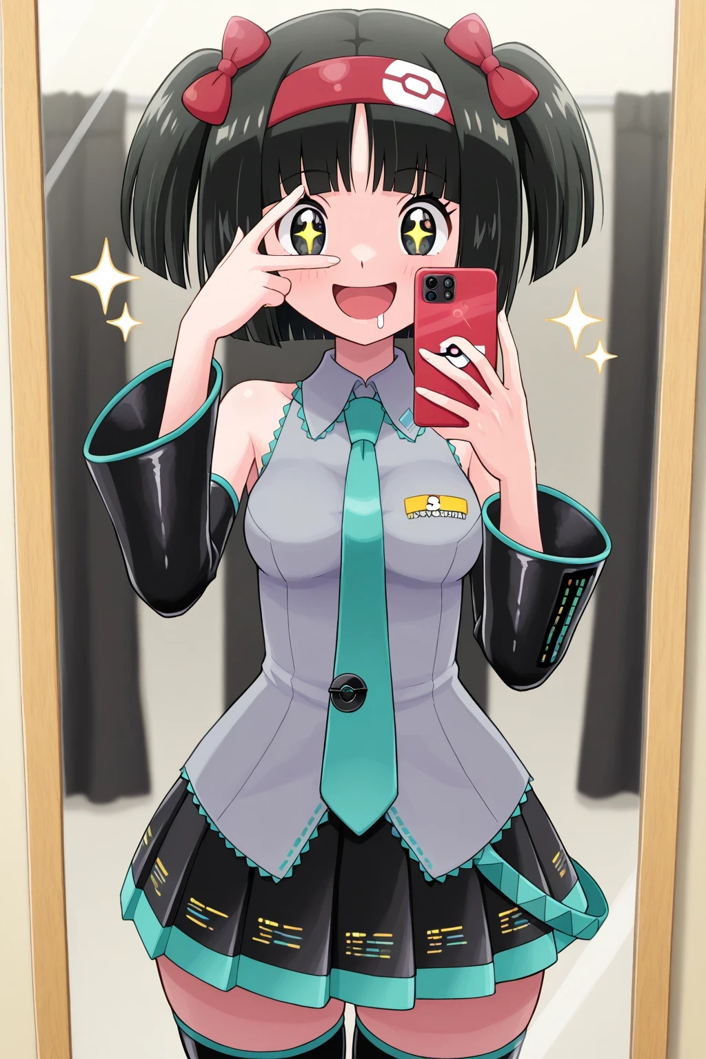 Erika_(pokemon), 1girl, solo, short_hair, black_hair, blunt_bangs, blunt_ends, hairband, red_hairband, two_side_up, hatsune_miku_(cosplay), collared_shirt, sleeveless_shirt, sleeveless, pleated_skirt, grey_shirt, aqua_necktie, black_skirt, necktie, miniskirt, skirt, shirt, miniskirt, hair_bow, detached_sleeves, black_sleeves, black_thighhighs, solo, drooling, happy, excited, smile, +_+, sparkling_eyes,  v_over_eye, medium_breasts, zettai_ryouiki, wide_hips, thighs, sparkle, 1girl, masterpiece, best_quality, full_body, intricate_details, absurdres, portrait, looking_at_mirror, phone, holding_phone, holding, mirror, mirror_selfie, reflection, reflection_focus, selfie, smartphone, artist_pokemoa