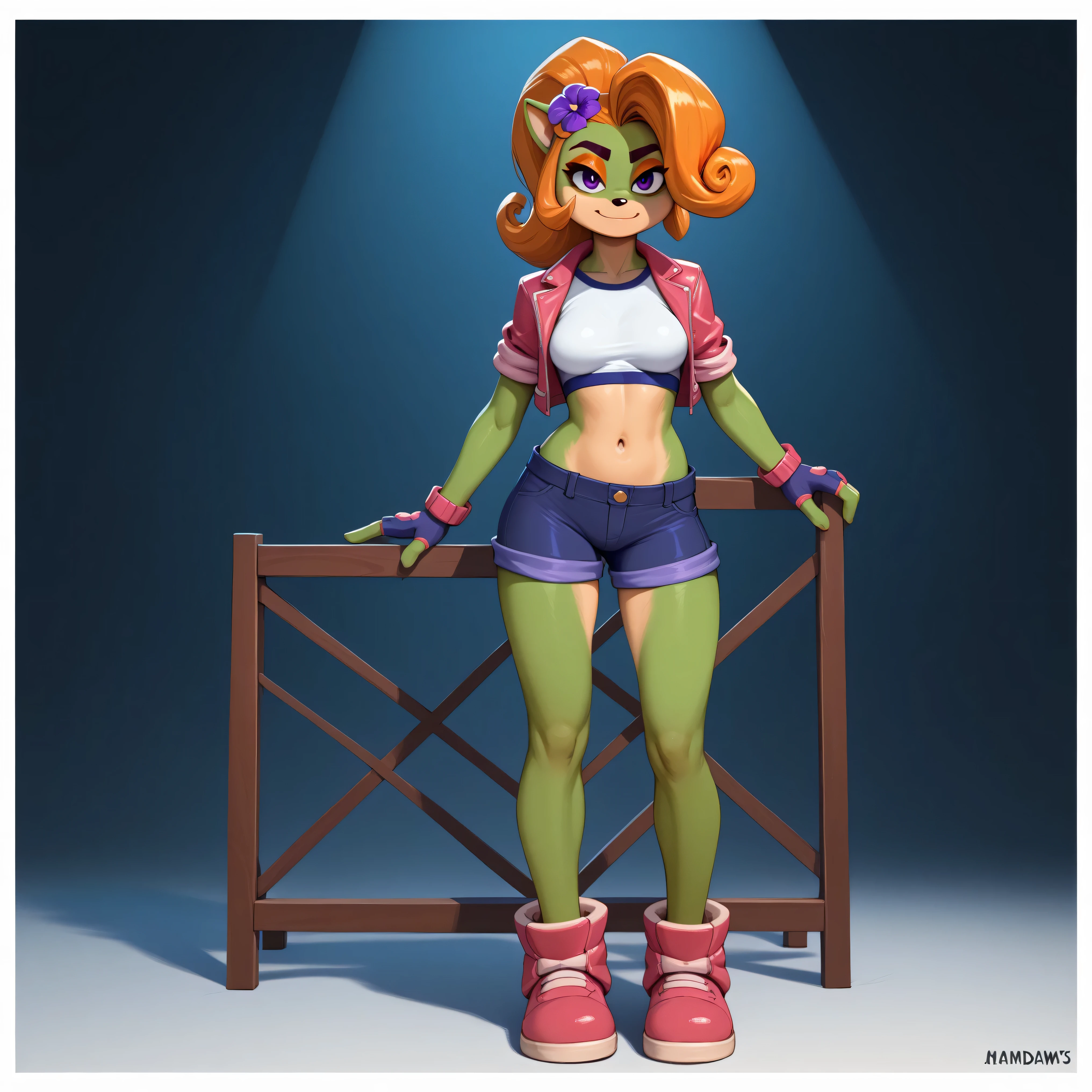 ((wamudraws)), (solo portrait),[Coco bandicoot], ((masterpiece)), ((HD)), ((high res)), ((solo portrait)), ((front view)), ((detailed fur)), ((detailed shading)), {(slim figure), (Electric green fur), (black nose), (cute Purple eyes), (short eyelashes), (Orange hair), (curly ponytail), (curly bang), (large breasts), (curvy hips), (beautiful legs), (cute smirk)}, (navel), (purple flower in hair)}, {(standing), (looking at viewer)}, [Bedroom, daytime,] ((masterpiece)), ((HD)), ((high res)), ((solo portrait)), ((full body)), ((feet visible)), ((front view)), ((detailed fur)), ((detailed shading)), {(slim figure), (Orange eyeshadow), (short eyelashes), (curvy hips), (beautiful legs), (defined feet), (looking at viewer)}, (small breasts), (curvy hips), (beautiful legs spaced 1 foot apart), (defined feet), [ambient lighting, bedroom, sun rays] 4 fingers 1 thumb, two hands, one left hand one right hand, (Both arms slightly outstretched), (fancy purple leather jacket) {(blue crop top with Gold lining), (navel), ( blue pants), long violet purple boots, long Scarlet red fingerless gloves