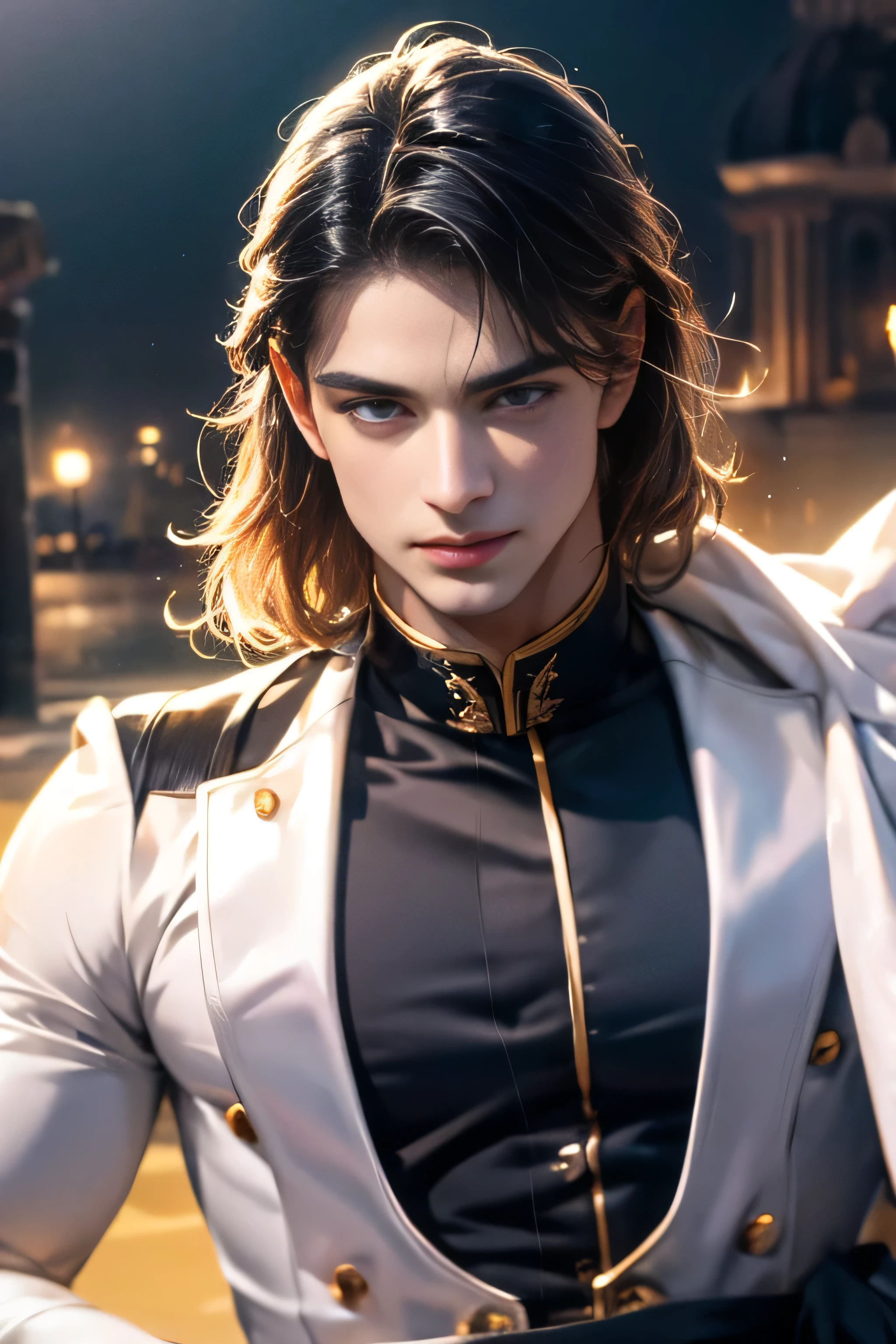 ((1 man)), alone, young handsome man, Latin mulatto skin, attractive features, tan tone skin, dark blue eyes, friendly expression, man's long haircut medium, black brown hairstyle, small low ponytail at back of head, light beard, wearing black security uniform, black buttoned shirt, black pants