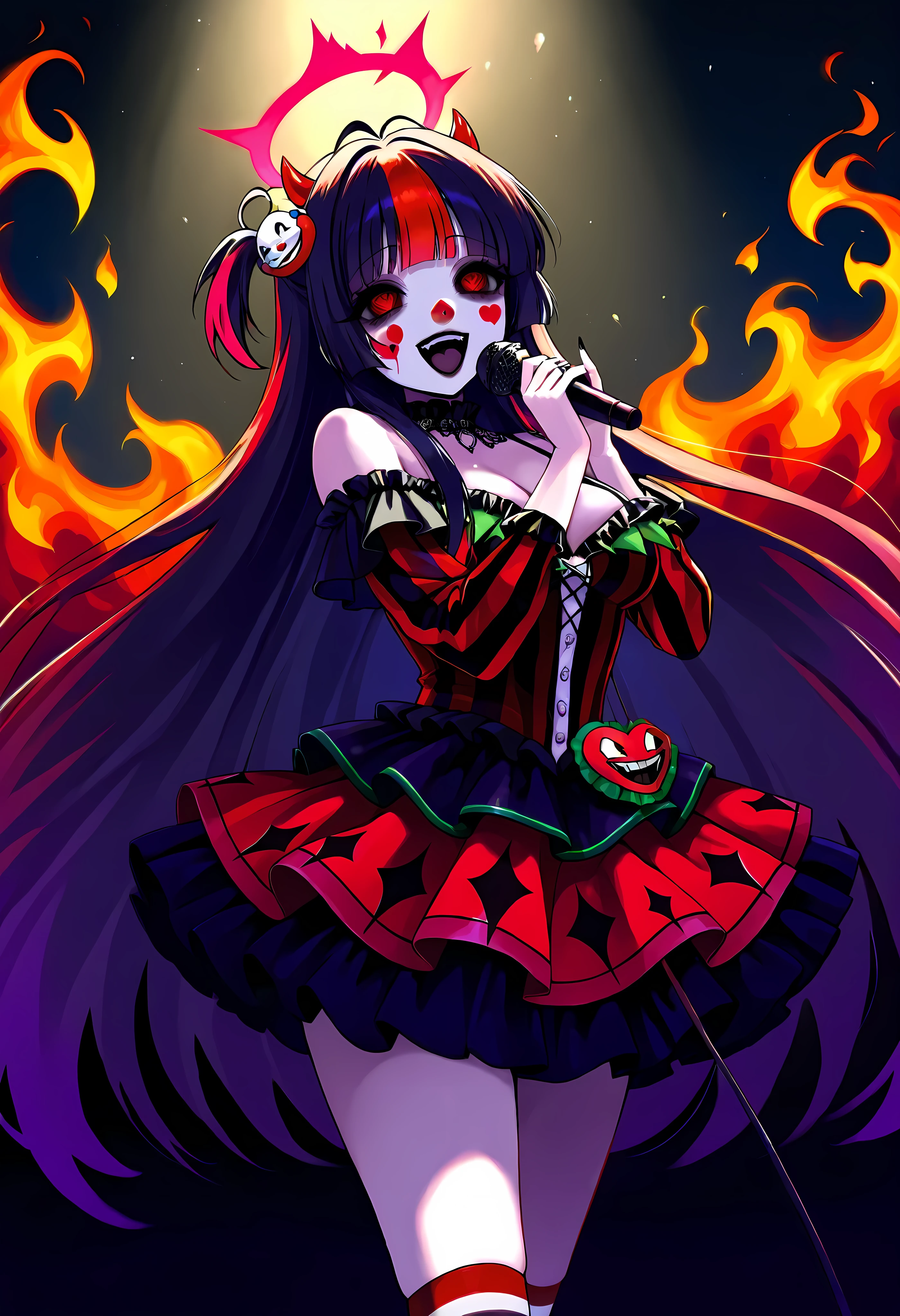 Vannamelon, goth clown girl, skirt, creepy clown girl, horns, red halo, halo on fire, holding a microphone, singing, great digital art with detail, intricate clown costume, Amazing fantasy art, y 2 k cute cute clown, high quality detailed art 8k, background full of fire and flames