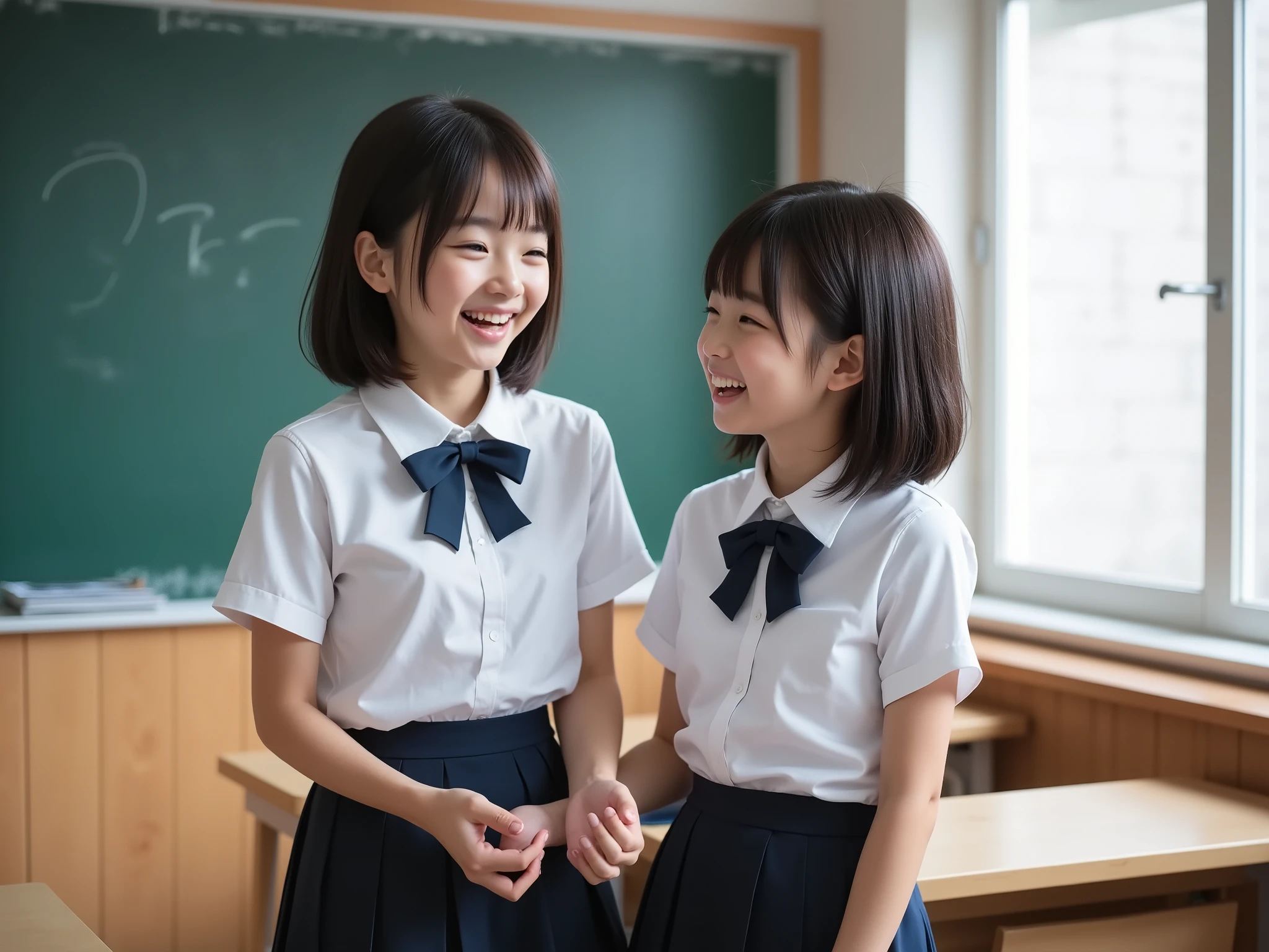 nipples under clothes,score_9, score_8_up, score_7_up,  (photorealistic:1.3), ultra detailed, realistic skin texture, realistic lighting, 8k, raw photo, highest quality, masterpiece, highest resolution, 2girl:1.3, very young girls, very cute girls, cutest girls in japan, 8 years old, junior high school students, realistic, japanese students, round face, round chin, black eye, black hair, very long hair:1.3, white blouse, short sleeve, navy blue bow tie, navy blue skirt, pleated skirt, white socks, white room shoes, in classroom, desks, window, bright sunlight, looking at each other, standing by window, blackboard, full body, laughing loudly, open mouth widely, holding hand