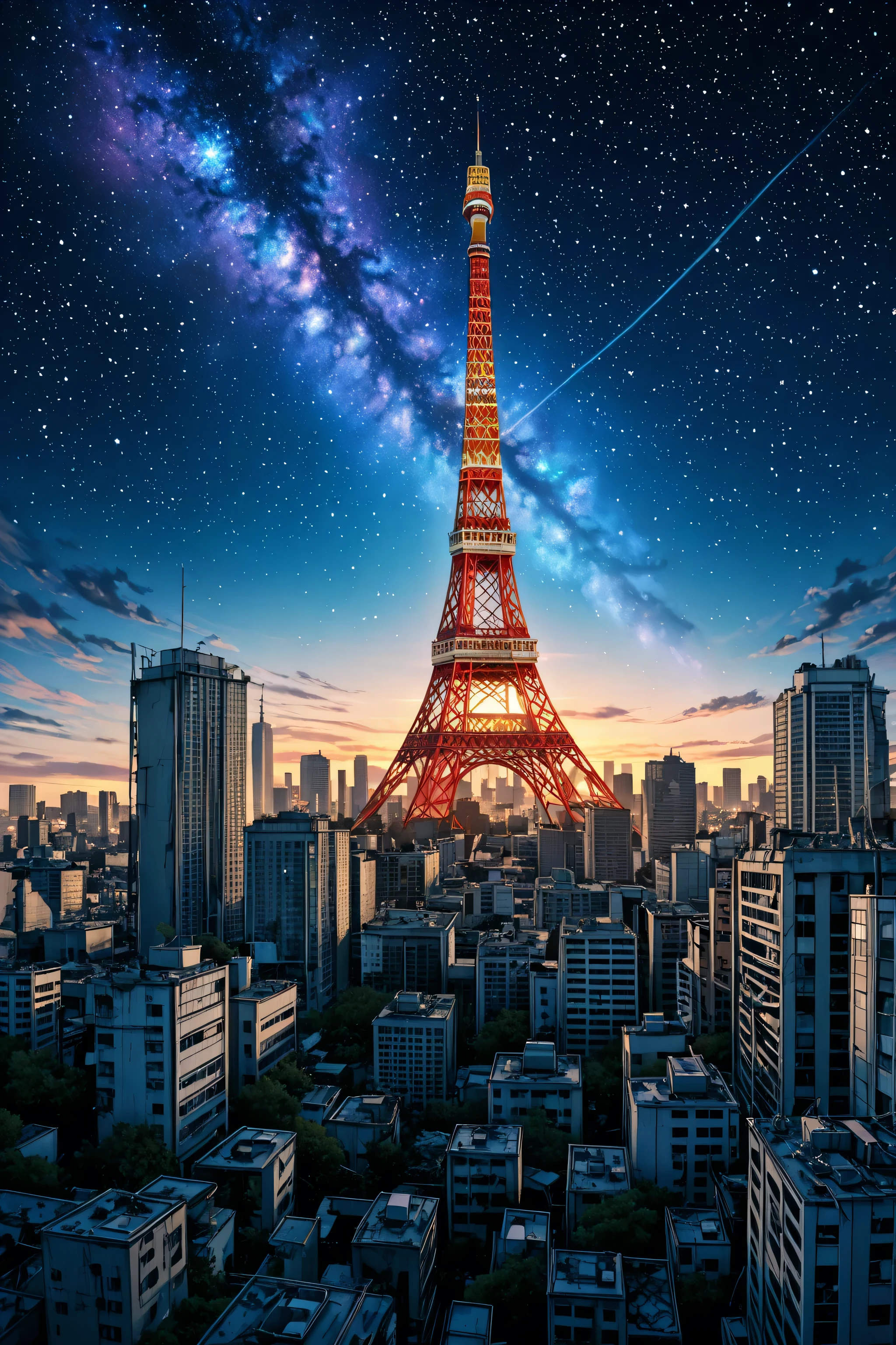 generate images under the following conditions。
・CLAMP style
・Tokyo Tower and buildings(make Tokyo Tower stand out)
・Night
・Adult coloring books
・Fine details
・Somewhere the atmosphere is mysterious
・The location of Tokyo Tower is at the bottom left。(create a margin at the top)
・Add a starry sky like you're on Amami Oshima。
・Authentic colors like photographs rather than anime style。
・Buildings are ruins。