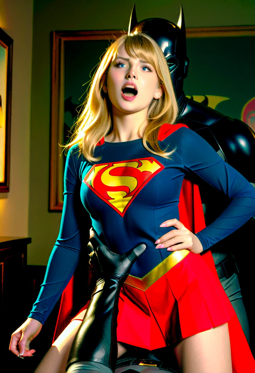 Melissa Benoist as Supergirl, she is defeated from fighting with a Batman, screaming in pain, she is falling down and sexual assaulted by Batman, Batman rapes her hardly, he grab her head tightly, hyperrealism, realistic picture,