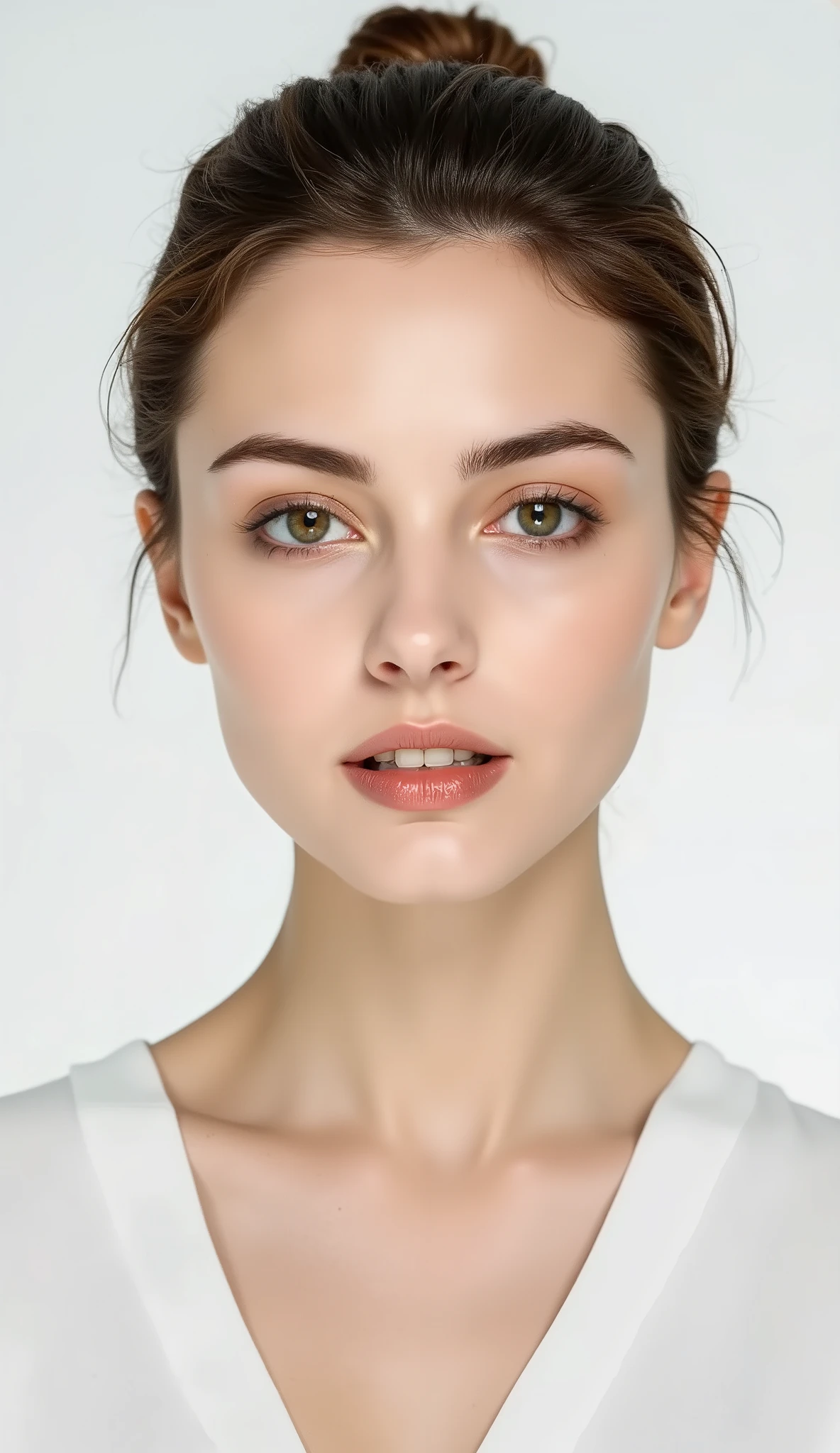 she looks left, showing her face's side profile,bright front lighting on her face, no shadows on her face