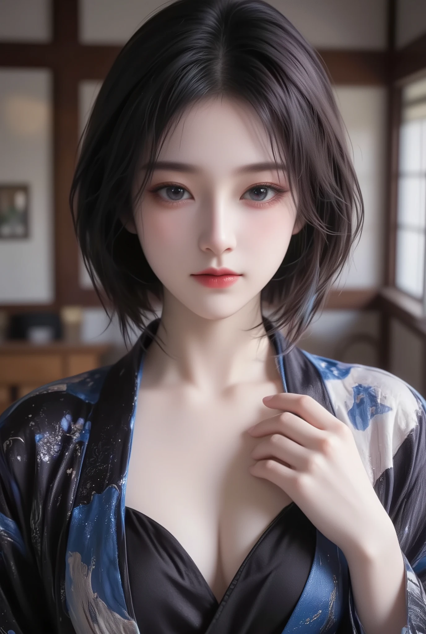 High detail, ((higres)), detail of body, ultra detailized, hyper realism, ray tracing, eye level shoot, ((masterpiece)), (detailed), 1girl, solo, normal , gray eyes, black hair with blue streaks, short hair, wearing black and blue kimono, off shoulders, cleavage, from front potrait, home background, look at viewers, blush, one hand on , full body,