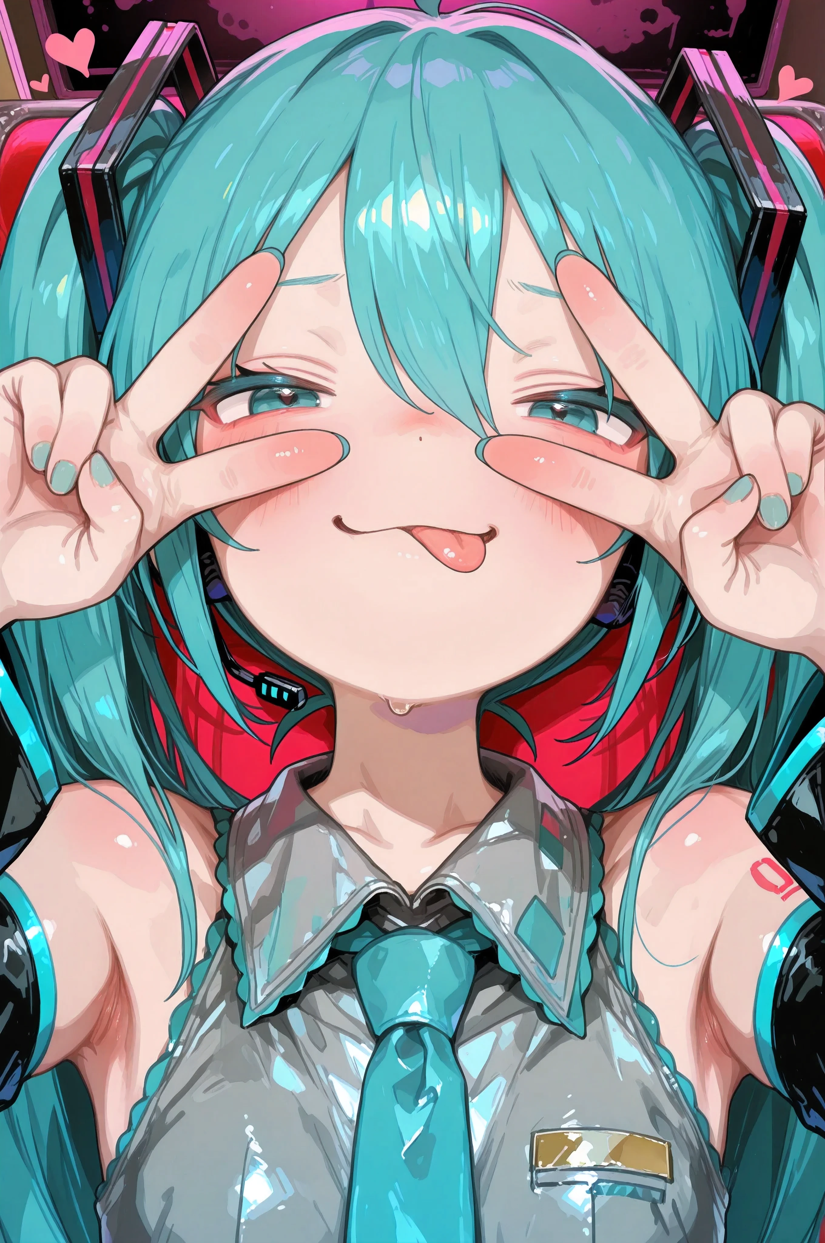 masterpiece, best quality, very aesthetic, absurdres, 4K, 8K, intricate details, awesome full color, sharp focus, detailed style, artist: deaver, artist: opossumachine, artist: kishida mel, artist: ninyo, artist: dagasi, artist: atte nanakusa, artist: suppainogasuki, Hatsune Miku, smug, tongue, v over eyes