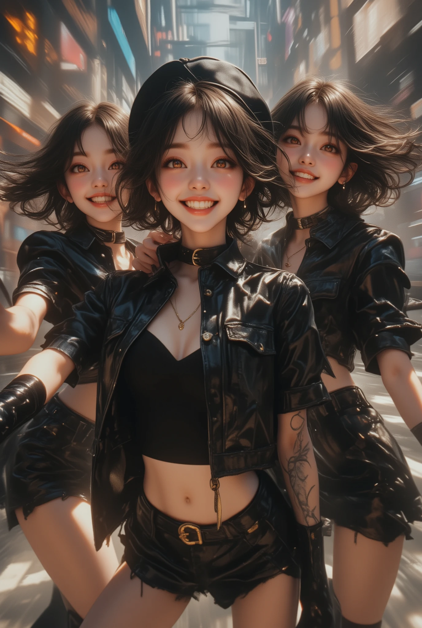 realism, live action, Killing Photos, masterpiece, /*secret project idol office*/, 3 women, (Idol trio:1.3),(3 women이 어두운 사무실 댄스 레슨에서 잘 지낸다:1.3),(very fine and beautiful hair, black, Black costume),(Happy Smile:1.3)(, intense movement with motion blur effects:1.3),(((cute idol girl hip-hop style that emphasizes waist flexibility))), (dynamic angle),(A dynamic and sexy pose that exudes innocence and charm:1.3),(with shiny silver and orange inner colors, short hair), 3 women's group hip-hop dance scene, actual shadows,, uses black, 3 different hairstyles, 3 members each have different charms and styles, 3 people, different beautiful doll faces, Innocence , Chic, lovely, red clear, deep eyes, shadows to project the target in three dimensions,complicated details,super resolution