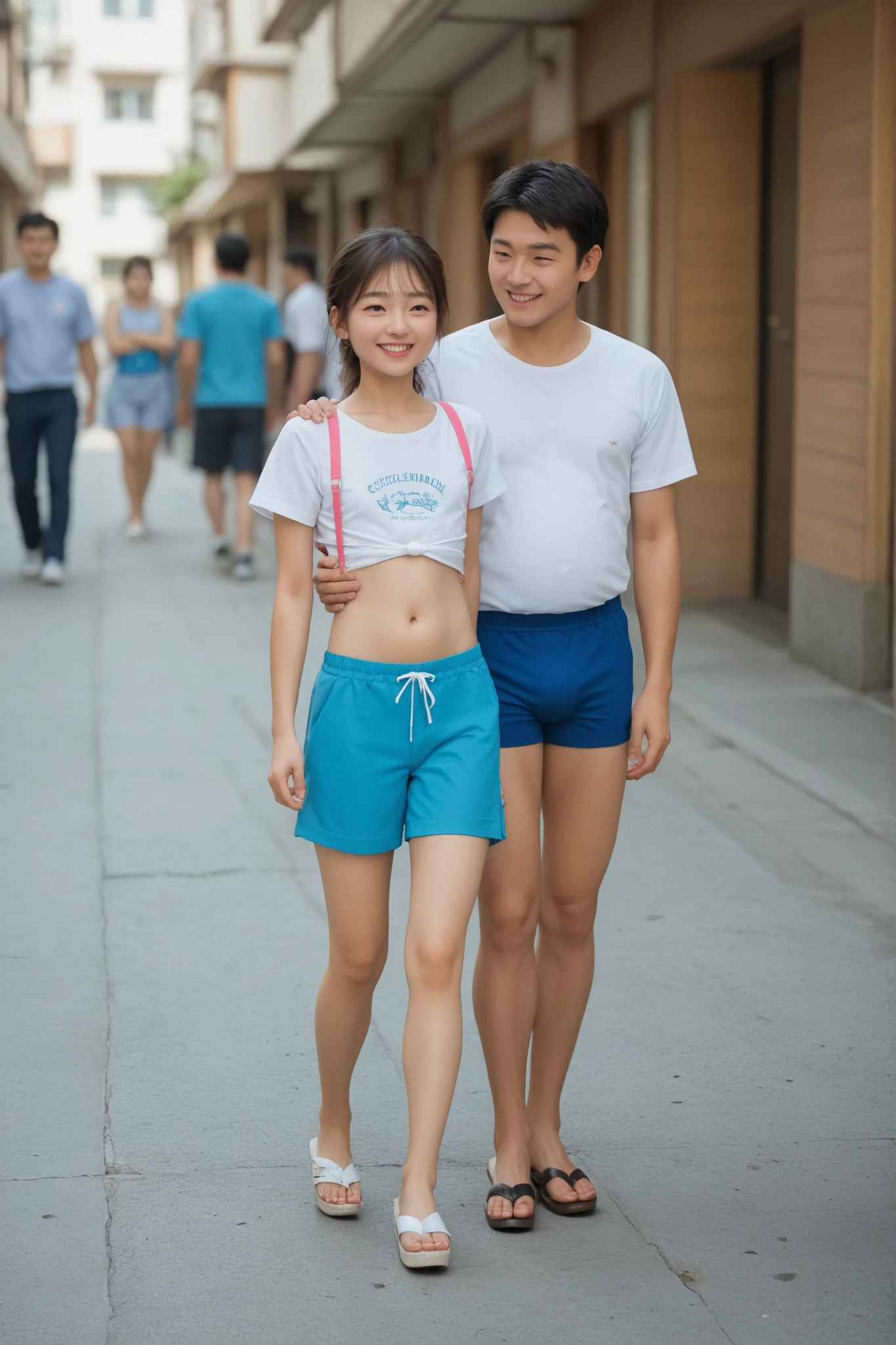 Japanese boy walking down the street with a cute girl's grandson. Grandchildren are hugging each other.girls are completely naked.she wears pink slingshot swimsuits.belly button out.Belly exposed.Japanese boy walking on the beach with barefoot white platform sandals.full body.stand.Picking up.elementary school girl、Girl's flat chest.Boy is a white t-shirt and blue shorts.Boy's crotch bulge.facing the front and smiling.