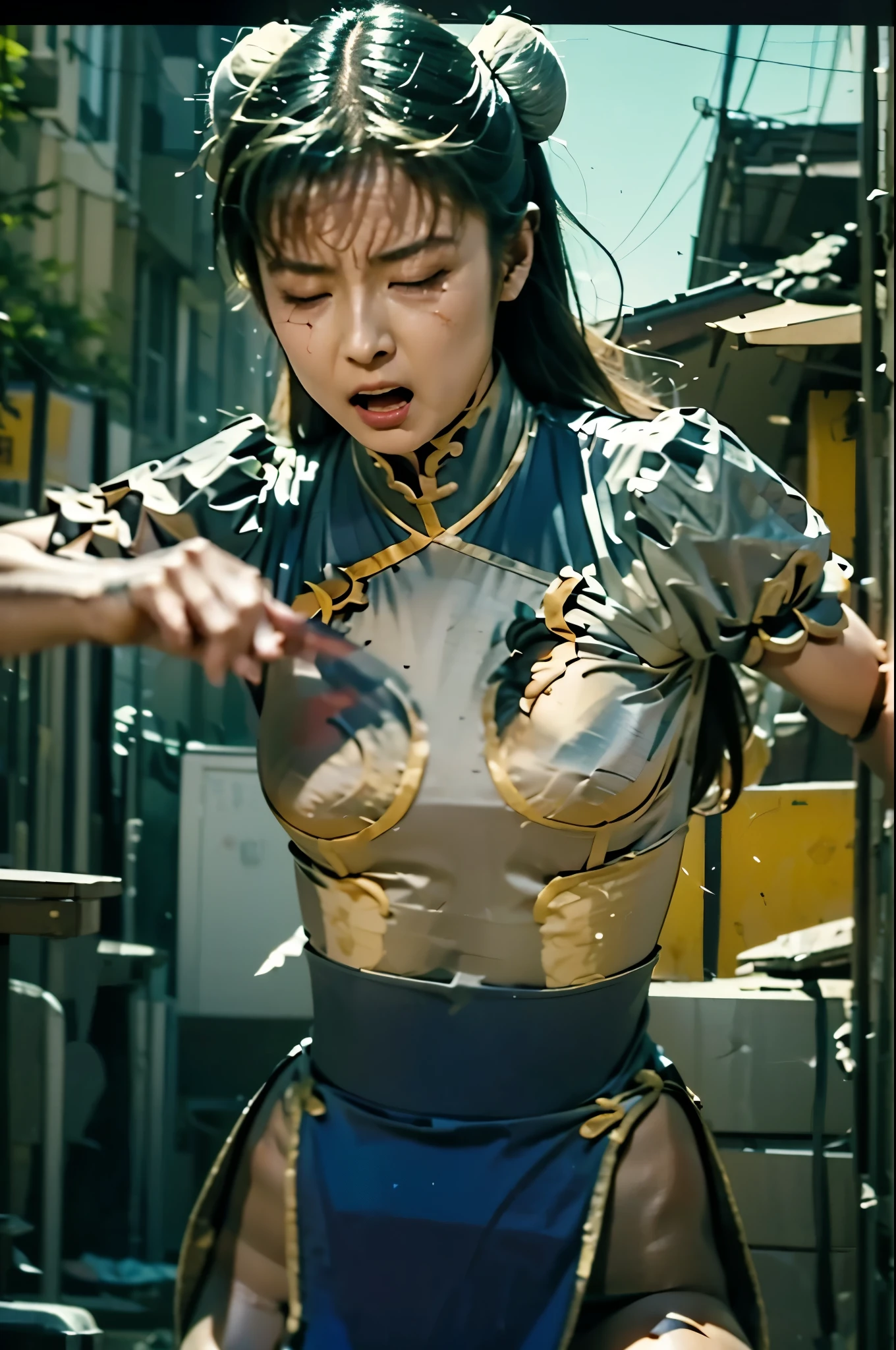 攻撃を喰らってnagging behind, Chun Li, damaged, ryona, expression of pain on the chest, closed eyes, hyper real, photo real, 8K, high image quality, Realistic, torn, 1 girl, nagging behind, hurts, is being hit, pelvic curtainが横に捲れて銀色のレオタードが見えている