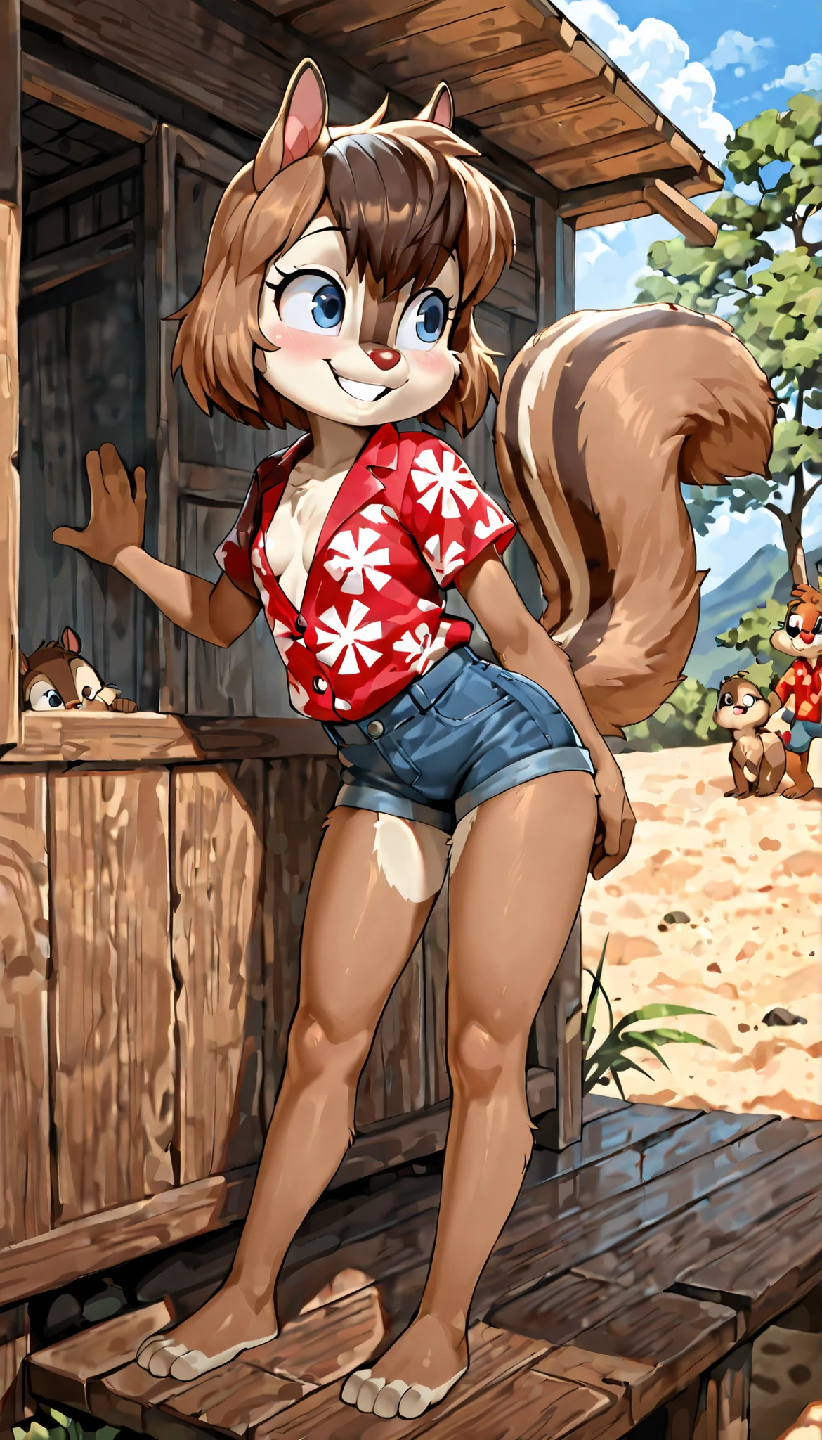 score_9, score_8_up, score_7_up, score_6_up,, hi_res, furry_source, absurdres, masterpiece, best quality, amazing quality, Chip'n Dale Rescue Rangers, 1girl, solo, alone, Femdale, furry, anthro, chipmunk girl, brown fur, blue eyes, looking at you, smile, chipmunk tail, red nose, brown hair, short hair, bangs, short body, short stature, ((red hawaiian shirt, denim shorts)), small breasts, (very skinny:1.0), (Small, Short:1.1), (young cub:1.2), full body, feets with three toes, standing, tree cabin on background,
