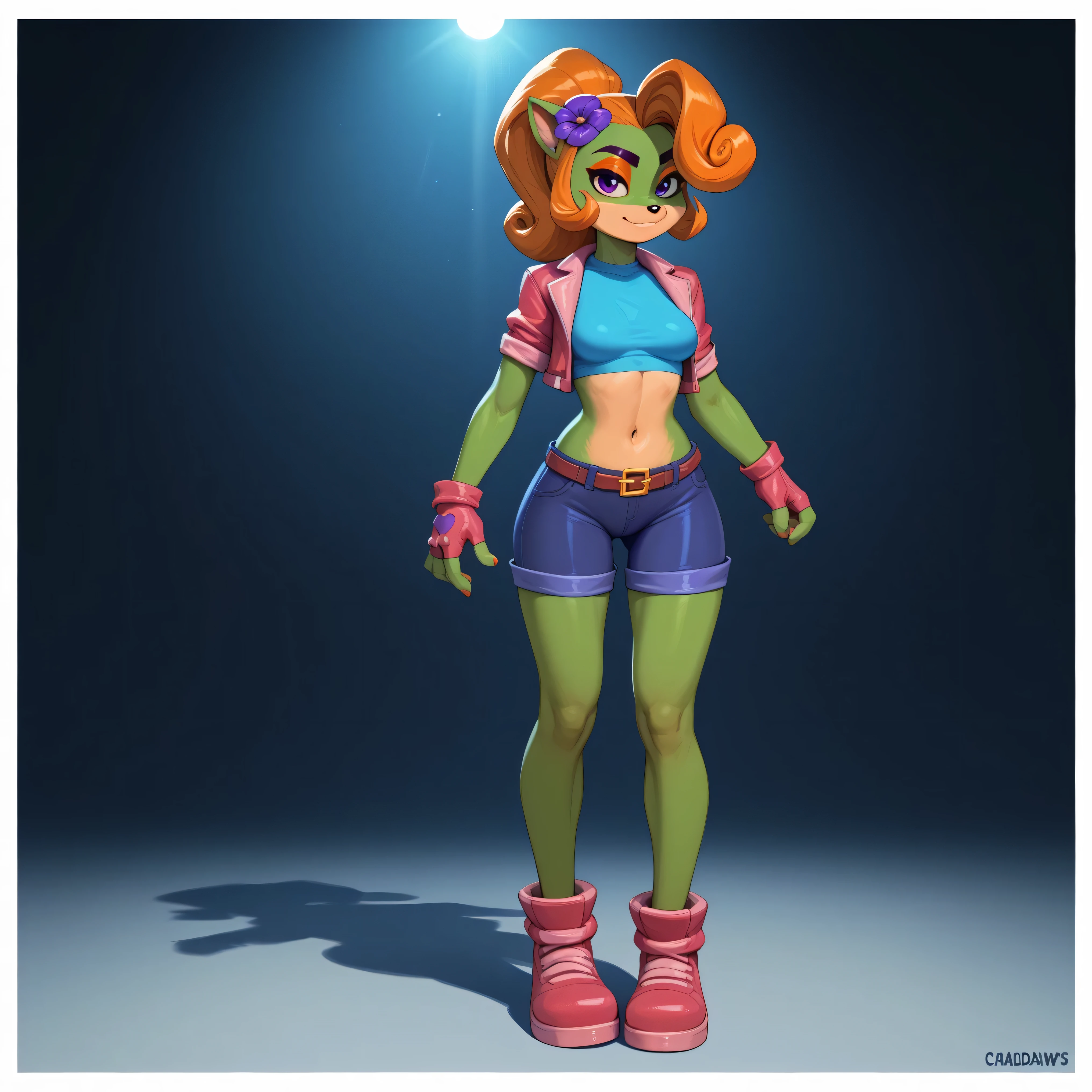 ((wamudraws)), (solo portrait),[Coco bandicoot], ((masterpiece)), ((HD)), ((high res)), ((solo portrait)), ((front view)), ((detailed fur)), ((detailed shading)), {(slim figure), (Electric green fur), (black nose), (cute Purple eyes), (short eyelashes), (Orange hair), (curly ponytail), (curly bang), (large breasts), (curvy hips), (beautiful legs), (cute smirk)}, (navel), (purple flower in hair)}, {(standing), (looking at viewer)}, [Bedroom, daytime,] ((masterpiece)), ((HD)), ((high res)), ((solo portrait)), ((full body)), ((feet visible)), ((front view)), ((detailed fur)), ((detailed shading)), {(slim figure), (Orange eyeshadow), (short eyelashes), (curvy hips), (beautiful legs), (defined feet), (looking at viewer)}, (small breasts), (curvy hips), (beautiful legs spaced 1 foot apart), (defined feet), [ambient lighting, bedroom, sun rays] 4 fingers 1 thumb, two hands, one left hand one right hand, (Both arms slightly outstretched), (fancy purple leather jacket) {(blue crop top with Gold lining), (navel), ( blue pants), long violet purple boots, long Scarlet red fingerless gloves