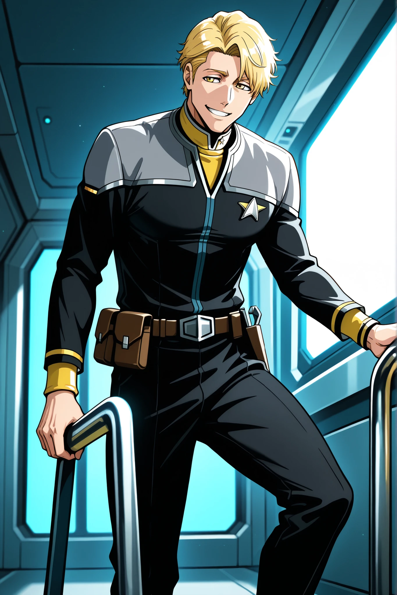 Masterpiece, 1boy, highly detailed, adult male, wiry physique, tall,  character, Star Trek (human male, short messy blonde hair, boyish smile,ds9st,black and grey star trek uniform,grey shoulders, yellow neck,yellow strip at wrist,black jumpsuit,long black sleeves,black pants, tool belt, climbing a ladder in a sci-fi access tunnel, Bleach art style