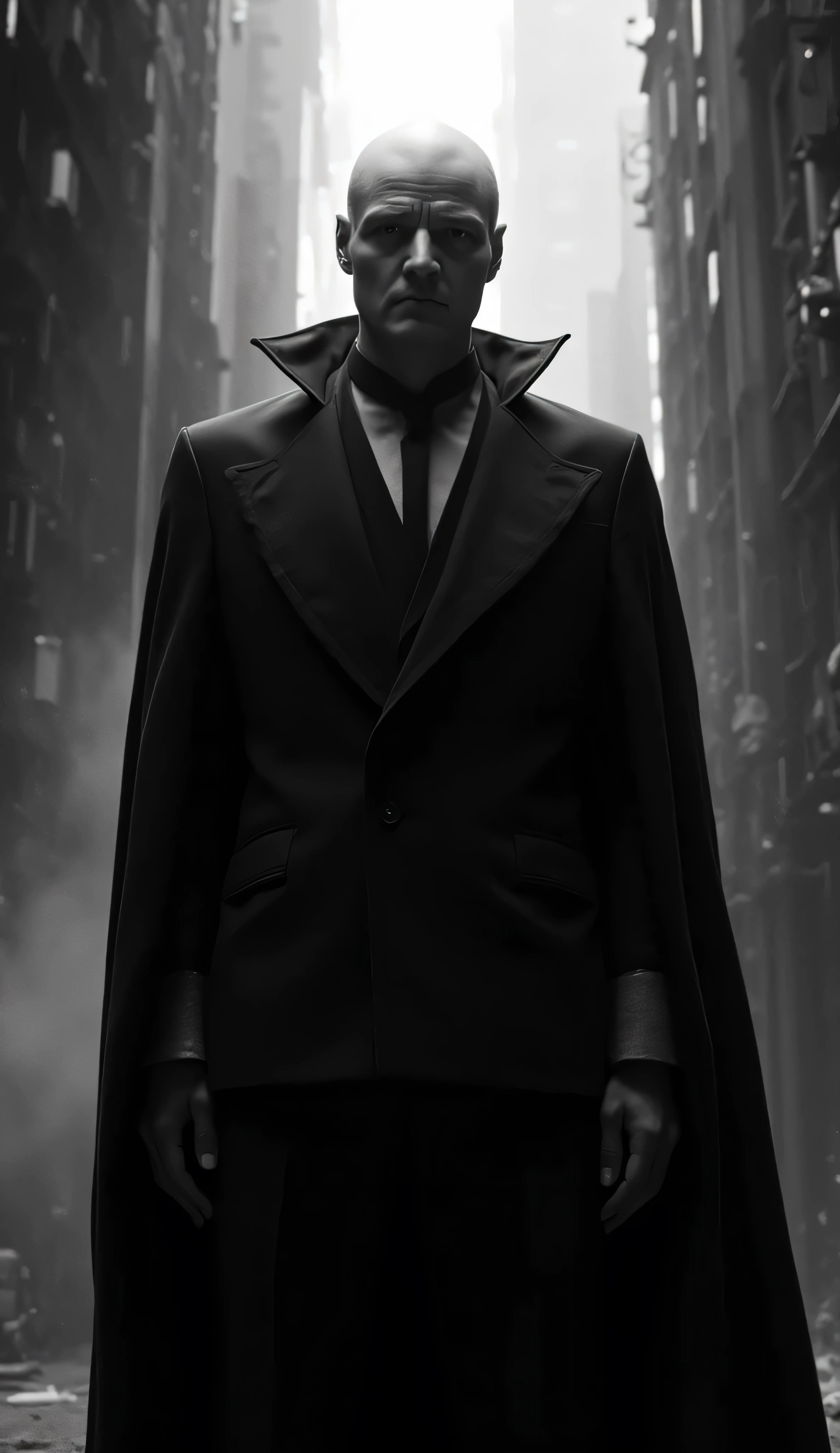 Pedro Pascal as Fantomas, German expressionist cinema style, wears a sharp black suit and cape, head covered with pale mask, illuminated by harsh angular lighting, bald, surreal distorted cityscape, sharp shadows, exaggerated architecture, dramatic black-and-white contrast, eerie, theatrical, mysterious, frame from silent film