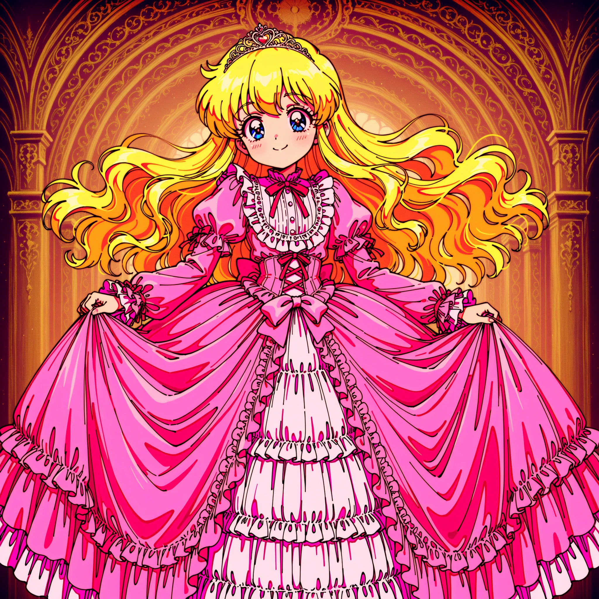 ((Lola.Girl's Book Story sdxl,retro anime,Hi Vision,)),Cute Princess, she's smiling,((pink silk satin victorian style big ball gown dress.:1.0)),baby-like face,short tall ,long sleeve,The dress is decorated with lots of ruffles and ribbons., have waist-length blonde wavy long hair,they wear a princess tiara on their heads,In a gorgeous European rococo palace,