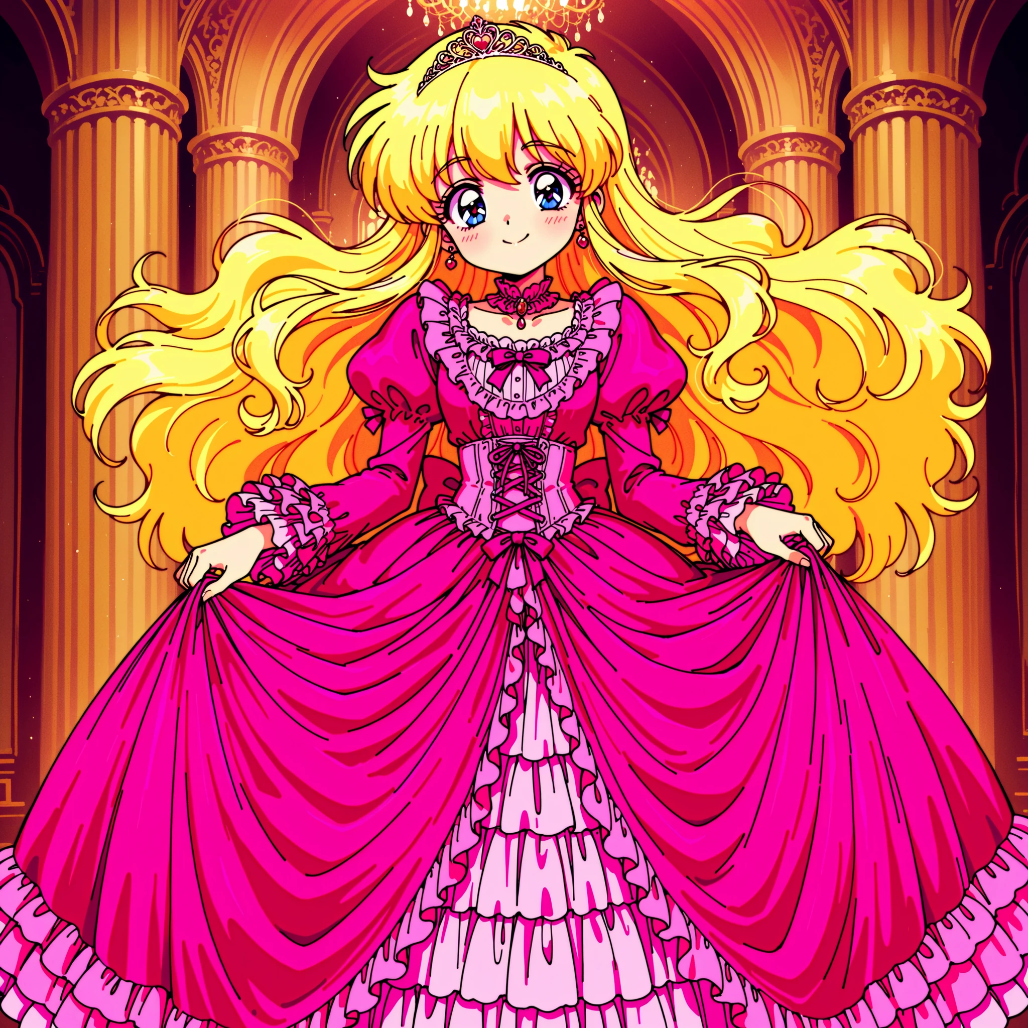 ((Lola.Girl's Book Story sdxl,retro anime,Hi Vision,)),Cute Princess, she's smiling,((pink silk satin victorian style large ball gown dress.:1.0)),baby-like face,short tall ,long sleeve,The dress is decorated with lots of ruffles and bows., have waist-length blonde wavy long hair,They Wear Princess Tiaras on Their Head,In a gorgeous European rococo palace,