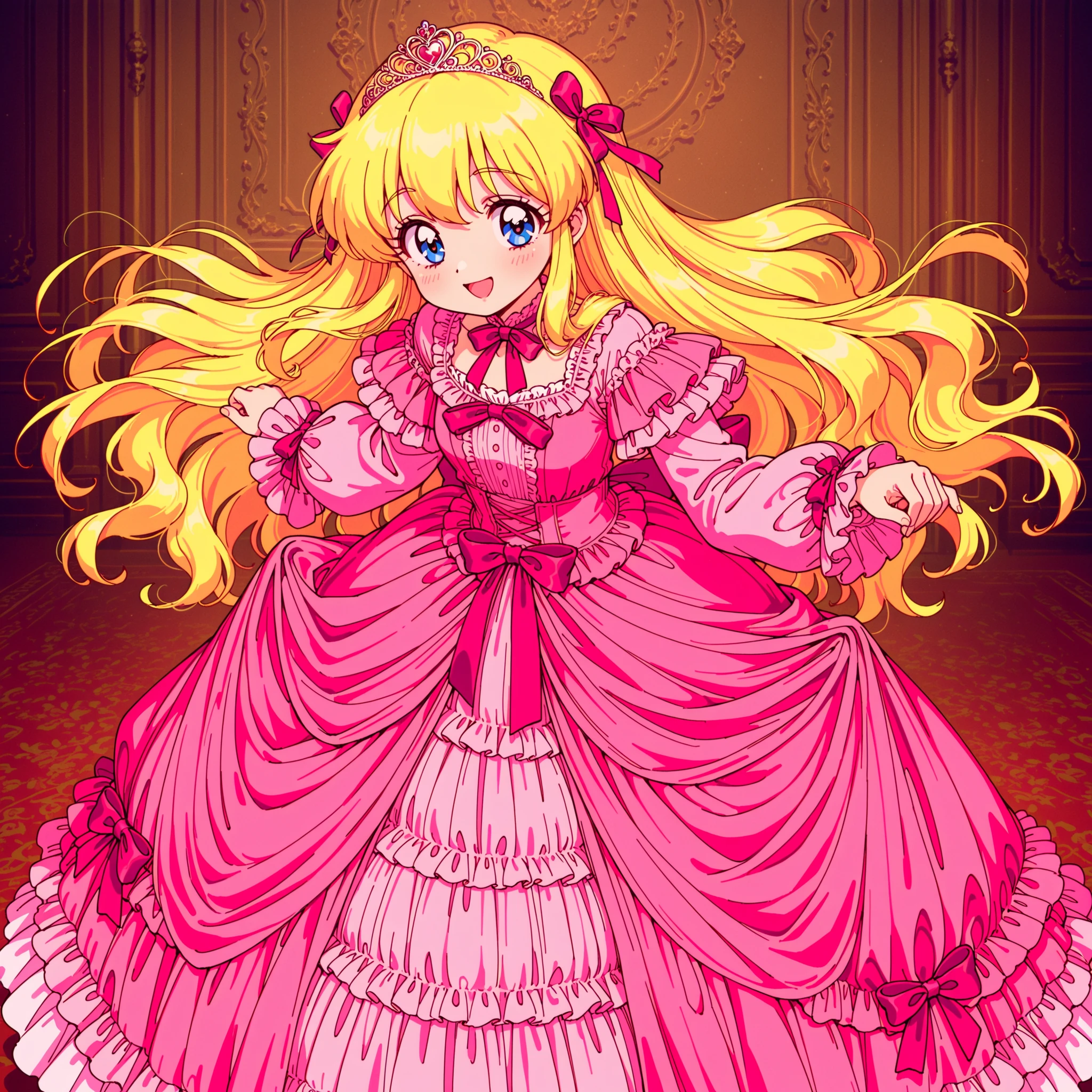 ((Lola.Girl's Book Story sdxl,retro anime,Hi Vision,)),Cute Princess, she's smiling,((pink silk satin victorian style large ball gown dress.:1.0)),baby-like face,short tall ,long sleeve,The dress is decorated with lots of ruffles and bows., have waist-length blonde wavy long hair,they wear a princess tiara on their heads,In a gorgeous European rococo palace,