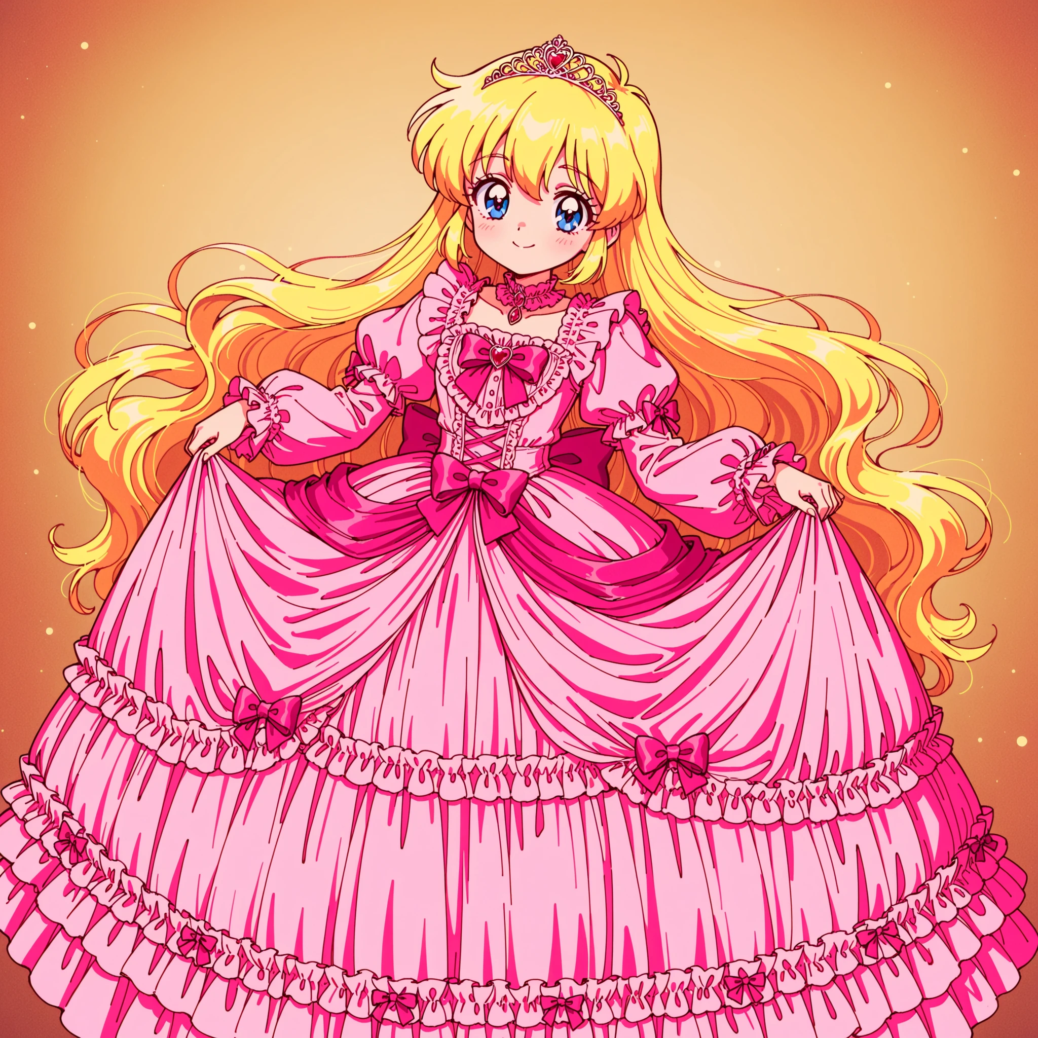 ((Lola.Girl's Book Story sdxl,retro anime,Hi Vision,)),Cute Princess, she's smiling,((pink silk satin victorian style large ball gown dress.:1.0)),baby-like face,short tall ,long sleeve,The dress is decorated with lots of ruffles and bows., have waist-length blonde wavy long hair,They Wear Princess Tiaras on Their Head,In a gorgeous European rococo palace,