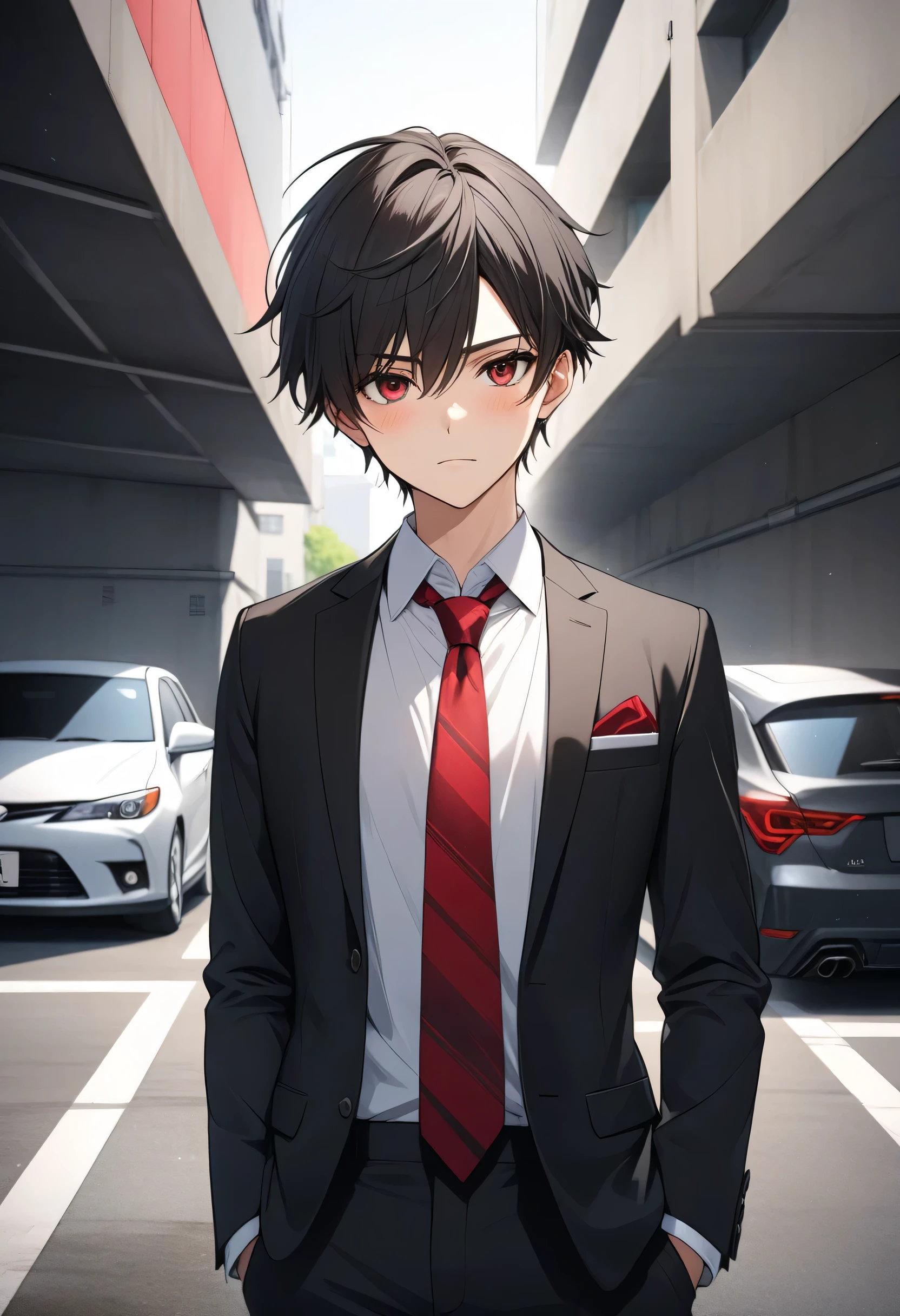 good teacher, better quality, high resolution, UHD, perfect pixels, depth of field, 4k, RTX, hdr))), A 22-year-old boy, alone, cuerpo completo, slim body, tall height, Art Style, anime character, ((serious look, short hair on the sides, color black )), (scarlet eyes: 1.2,), (detailed face, blush: 1.1),is standing looking into the camera at one end of the outlet, (dynamic angle, pose dinámica: 1.2 pov , Close-up, front view ), he wears a black suit with a cherry tie, white shirt, , ((in the background an underground parking lot, can see the morning light and you can see buildings in the distance since the parking lot is on the third floor. you can see concrete slabs and walls and some Japanese cars, Well, they are in Tokyo Japan))