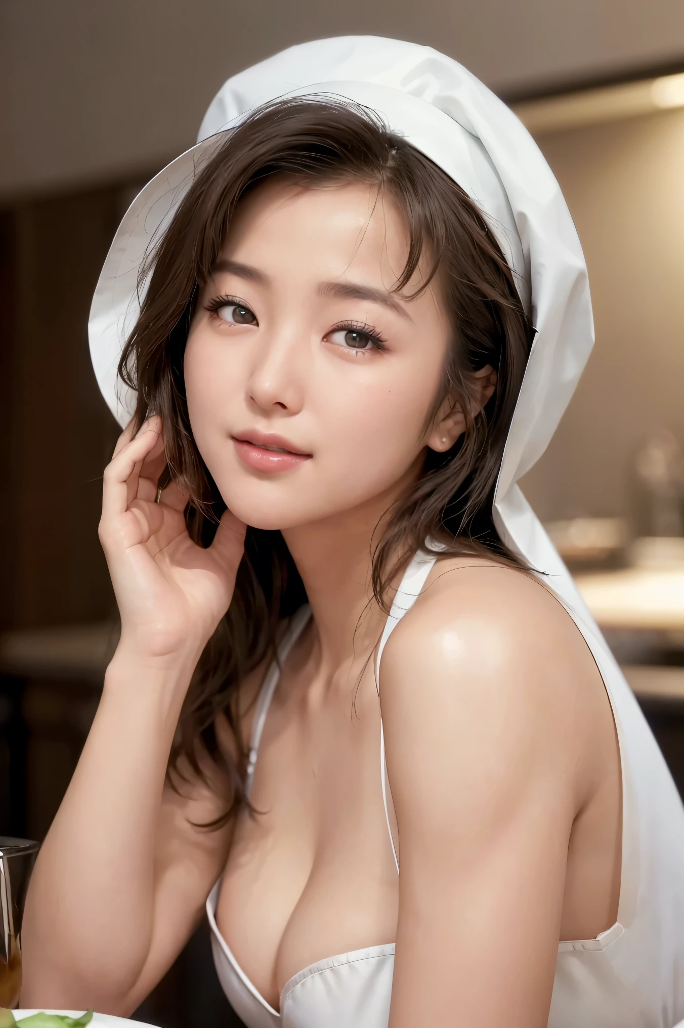 (Highest Quality, High Precision Selection, masterpiece:1.2), detailed display, Describe facial expressions in detail 、 Closeup of one woman's face 、realistic:1.37,(perfect anatomy), A beautiful woman's cook、(Portrait)、The length of the cook in a white coat、(The cook wears a white hat)、face straight ahead、A beautiful woman smiling at the camera、(Expression)、(looking at the camera)、beautiful skin,small breasts、(very big eyes)、big eyes,(glowing eyes:1.3)、beautiful skin 、beautiful lips、big eyes,short hair、 ,,(The background is a restaurant kitchen:1.2)、A beautiful woman who sees a lot of dishes