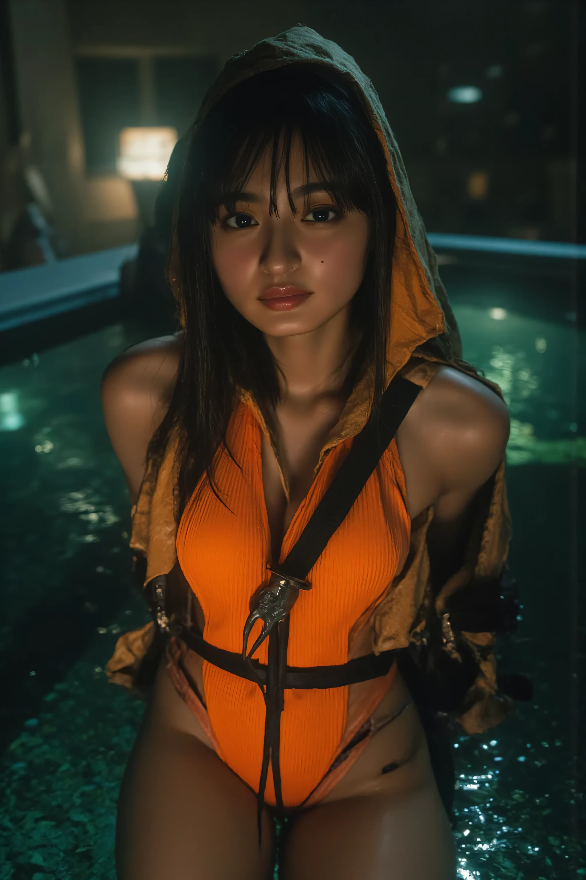 (((The dark interior of the Nostromo ship :2.0))),(((HR Giger-esque cyberpunk atmosphere:2.0))),(((Holding a Cyberpunk Style Japanese Sword:2.0))),((looking back over your shoulder:2.0)),(((Horizontal milk:2.0))),((((Terribly sexy poses 2.0)))),,((Full Body:2.0)),one woman,(cute face),(Beautiful well-balanced face ),(beautiful eyes:1.3),glamorous shot of a 20-year-old Japanese woman,Beautiful slender body,((model body type:2.0)),((slim body:1.7)),perfect body line,ideal proportions,((BIG BREASTS:1.5)),(Bare thighs:1.3),sensual thighs,delicate body,(muscular:1.7),a harmonious posture,((Realistic breast depiction :1.7)),carefully depict limbs based on perfect anatomy,((futuristic samurai style fluorescent orange super high-leg leotard:2.0)),((super high-leg leotard made of corduroy that fits the body:2.0)),((orange military jacket with open front over leotard:2.0),((Tactical Holster:1.7)),(Gloves:1.3),Concept Art,(Highest Quality:1.5),(masterpiece:1.5),(超高Resolution),Resolution,UHD,(delicate depiction),carefully drawn,32k,((Realistic Skin Texture:1.5)),(((ULTRA REALISTIC:1.5))),((Super whitening:2.0)),carefully drawn eyelashes,very detailed faces at a Japanese hot spring,highly detailed female hands, Sexy appearance ,very sensual,(Blurry, dim background:1.5),professional photo shoot,(Movie Lights:2.0),((Blade Runner Style Lighting:2.0)),retro