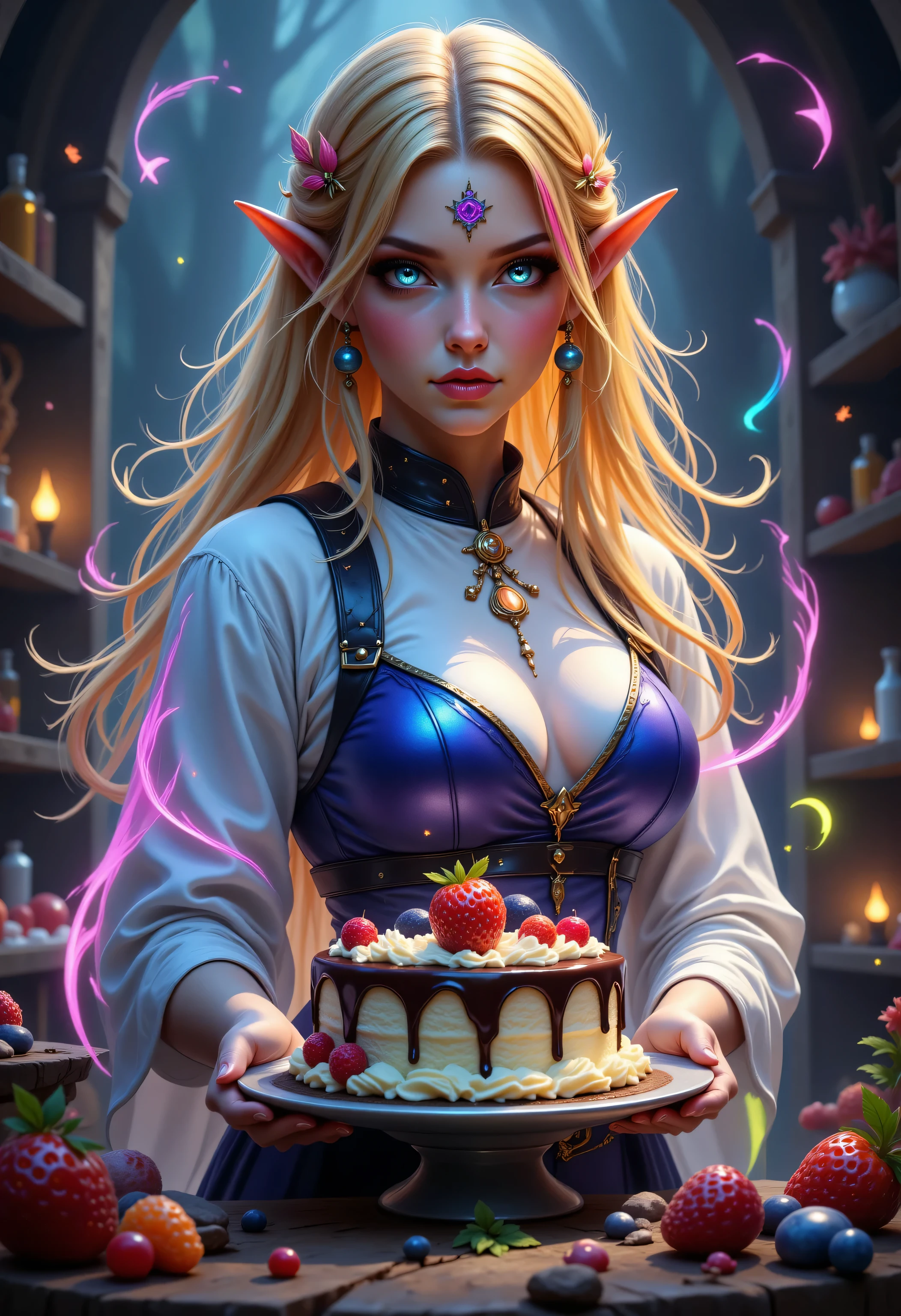 FntsyPstlCE style,Colorful,a portrait of a female elf (intense details, Masterpiece, best quality) fantasy chef, fantasy celestial baker, making magical cake, an ultra wide shot, full body (intense details, Masterpiece, best quality)epic beautiful female elf, blond hair with chunky red streaks highlights , rich hair, glowing eyes, action shot, colorful magical sigils in the air, colorful divine markings floating, making a fantasy cake, multi layered cake, with chocolate, whipped cream, berries, strawberries, in a fantasy magical kitchen (intense details, Masterpiece, best quality), multi colored chef uniform, high details, best quality, 16k, [ultra detailed], masterpiece, best quality, (extremely detailed), dynamic angle, ultra wide shot, photorealistic, RAW, fantasy art, dnd art,fantasy art, realistic art