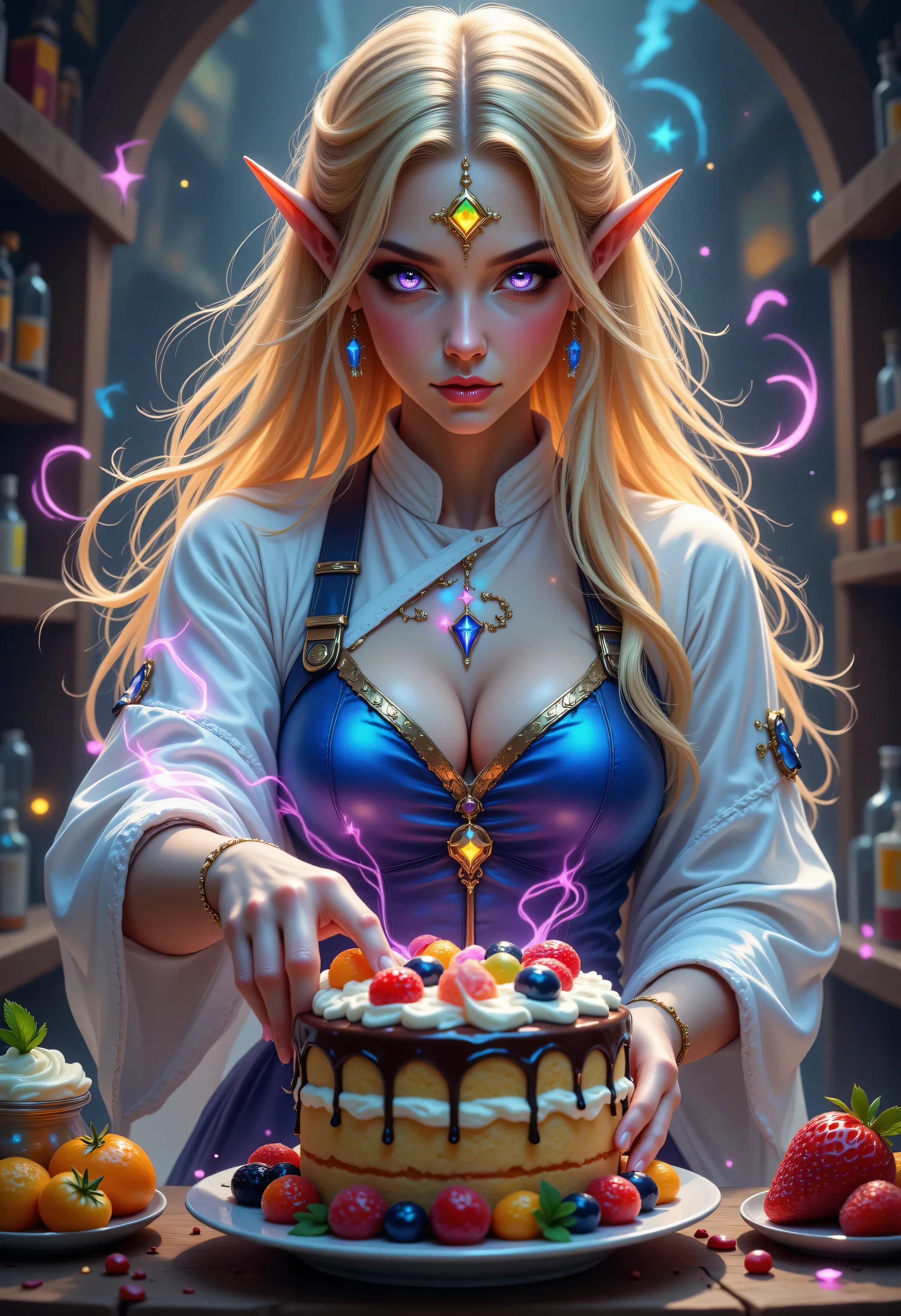 FntsyPstlCE style,Colorful,a portrait of a female elf (intense details, Masterpiece, best quality) fantasy chef, fantasy celestial baker, making magical cake, an ultra wide shot, full body (intense details, Masterpiece, best quality)epic beautiful female elf, blond hair with chunky red streaks highlights , rich hair, glowing eyes, action shot, colorful magical sigils in the air, colorful divine markings floating, making a fantasy cake, multi layered cake, with chocolate, whipped cream, berries, strawberries, in a fantasy magical kitchen (intense details, Masterpiece, best quality), multi colored chef uniform, high details, best quality, 16k, [ultra detailed], masterpiece, best quality, (extremely detailed), dynamic angle, ultra wide shot, photorealistic, RAW, fantasy art, dnd art,fantasy art, realistic art
