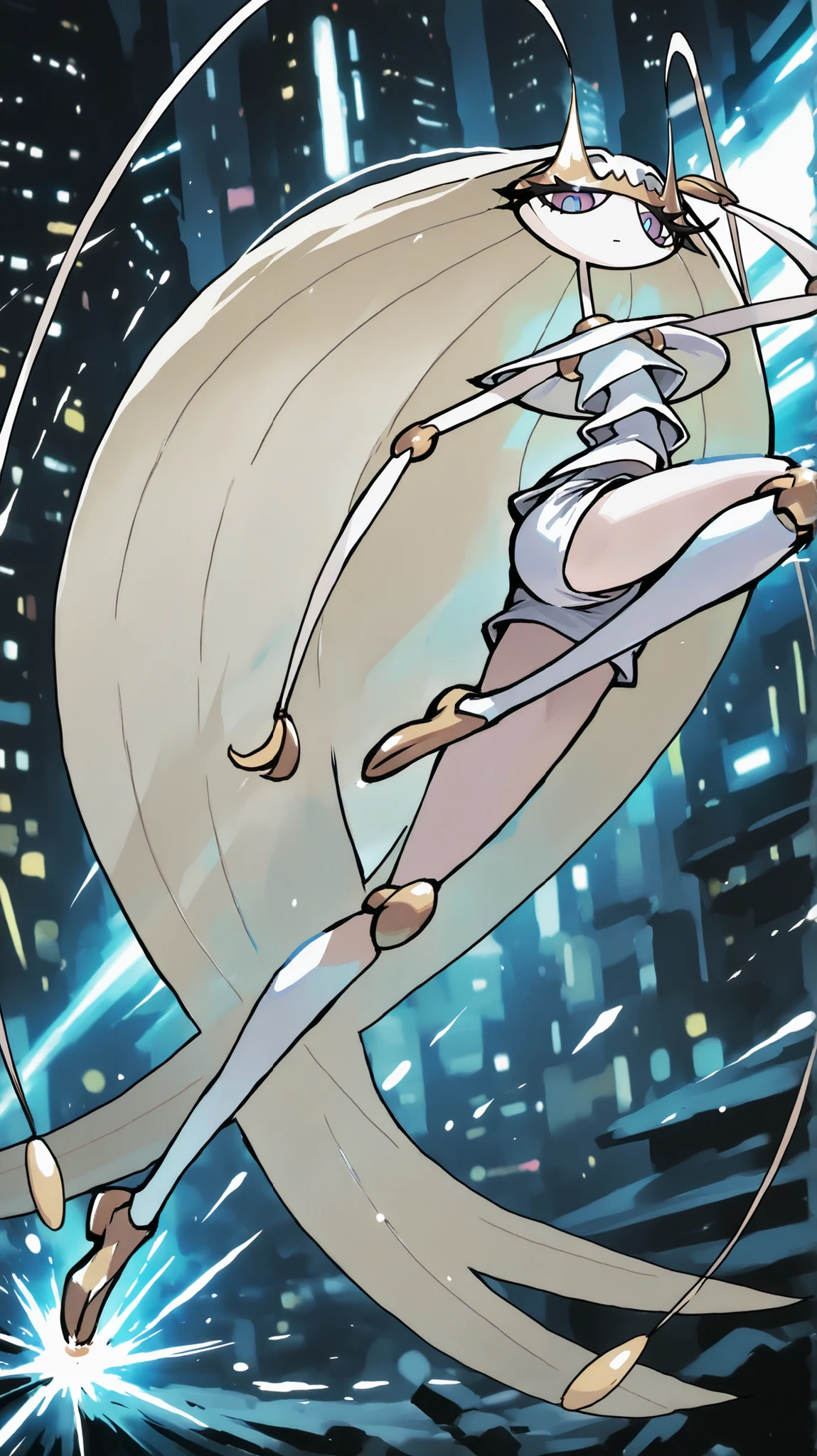 Pheromosa from Pokemon, White Body,Thin Waist, Very Thin Waist, Wasp Waist, Solo,vibrant colors, cel shading, Simplistic Art Style, solo,((jumping knee kick:1.3)),side view,(action:1.3),(acrobat:1.3),{cyberpunk background}