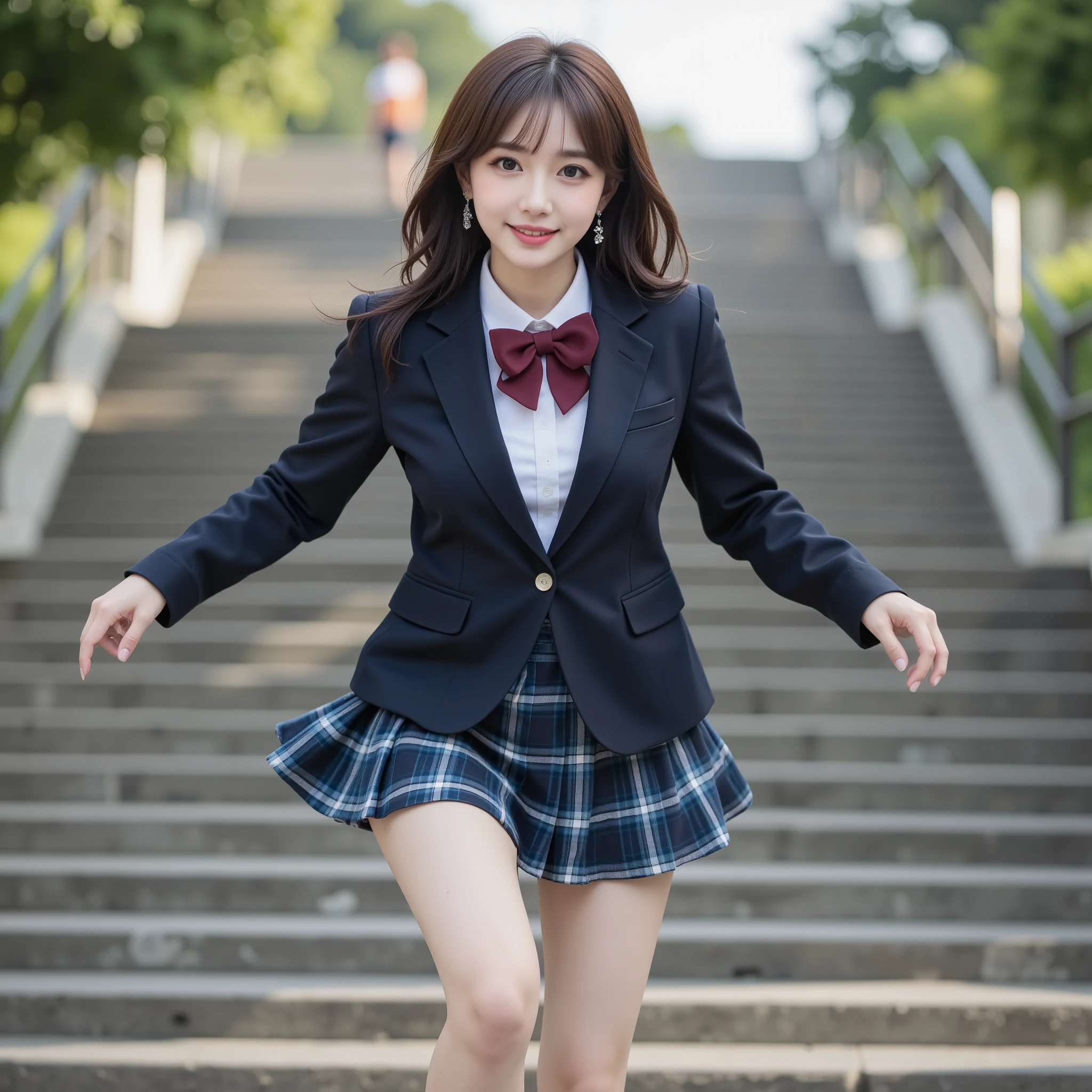 NSFW, (Top Quality), (Ultra-Precise CG 16K Wallpaper), (Realistic), (High Saturation), (Sharp), (Full Screen Image), Beautiful Detailed Shading, Beautiful Natural Lighting, Beautiful Detail Glow, Natural Light, Depth of Field, Zoom-in, (Mature 24-year-old Woman, One Person), (Beautiful Japanese Face), (Soft Wavy Semi-Long Hairstyle with Bangs Down), (Shiny Brown Hair), (Sparkling Eyes), (C-Cup Size Breasts), (Full Breasts), (Beautiful Breasts), (Beautiful Legs), (Beautiful Skin), Beautiful Proportions, (Afternoon Sunlight), (The Woman is Smiling with Her Mouth Open: 1.3), (The Woman is Looking at me), (The woman is wearing a navy blue blazer, a white shirt, a wine-red bow tie, and a navy blue and light blue tartan pleated miniskirt), (She is wearing sparkling earrings), (She is posing with her arms bent as she walks down the stairs), (A long staircase in a park), (A shot of the woman from head to waist), (A frontal view of the woman from below), (The woman is running down the stairs), (Hair and skirt fluttering in the wind),