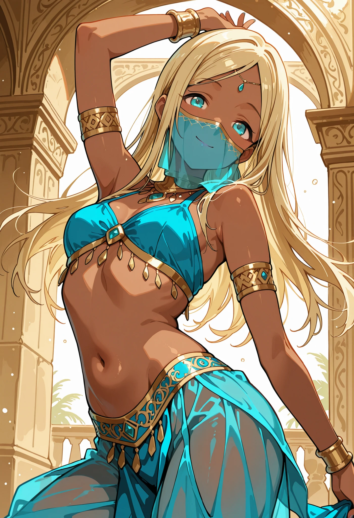 Score_9, score_8_up, score_7_up, source_anime, layla/(idolmaster/), solo, parted bangs, long hair, blonde hair, aqua eyes, dark skin, small breasts, (best quality), (high quality), {masterpiece}, extremely delicate and beautiful, ultra-detailed, beautiful detailed eyes, blue arabian clothes, dancer, blue mouth veil, belly dancing, armlet, dancing, blue see-through harem pants, arabian palace, smile, closed mouth