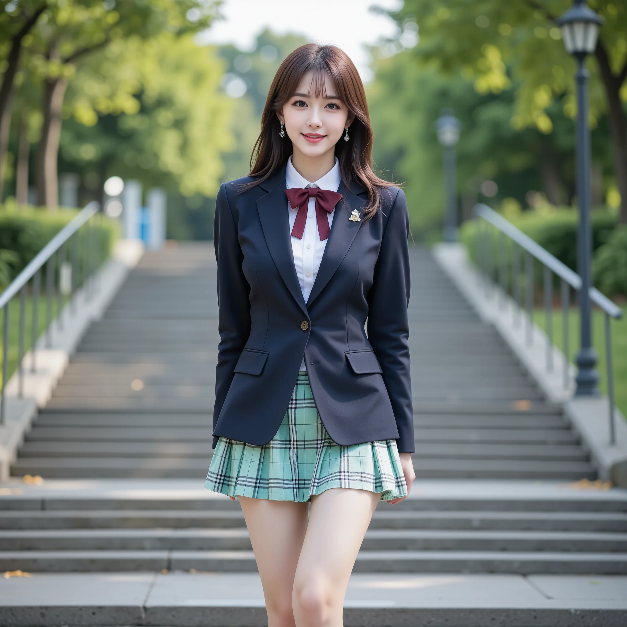 NSFW, (Top Quality), (Ultra-Precise CG 16K Wallpaper), (Realistic), (High Saturation), (Sharp), (Full Screen Image), Beautiful Detailed Shading, Beautiful Natural Lighting, Beautiful Detail Glow, Natural Light, Depth of Field, Zoom-in, (Mature 24-year-old Woman, One Person), (Beautiful Japanese Face), (Straight Semi-Long Hairstyle with Bangs Down), (Shiny Brown Hair), (Sparkling Eyes), (C-Cup Size Breasts), (Full Breasts), (Beautiful Breasts), (Beautiful Legs), (Beautiful Skin), Beautiful Proportions, (Afternoon Sunlight), (The Woman is Smiling with Her Mouth Open: 1.4), (The Woman is Looking at me), (The woman is wearing a navy blue blazer, a white shirt, a wine-red bow tie, and a mint green and light blue tartan pleated miniskirt), (She is wearing sparkling earrings), (She is posing with her arms bent as she walks down the stairs), (A long staircase in a park), (A shot of the woman from head to waist), (A frontal view of the woman from below), (The woman is running down the stairs), (Hair and skirt fluttering in the wind),