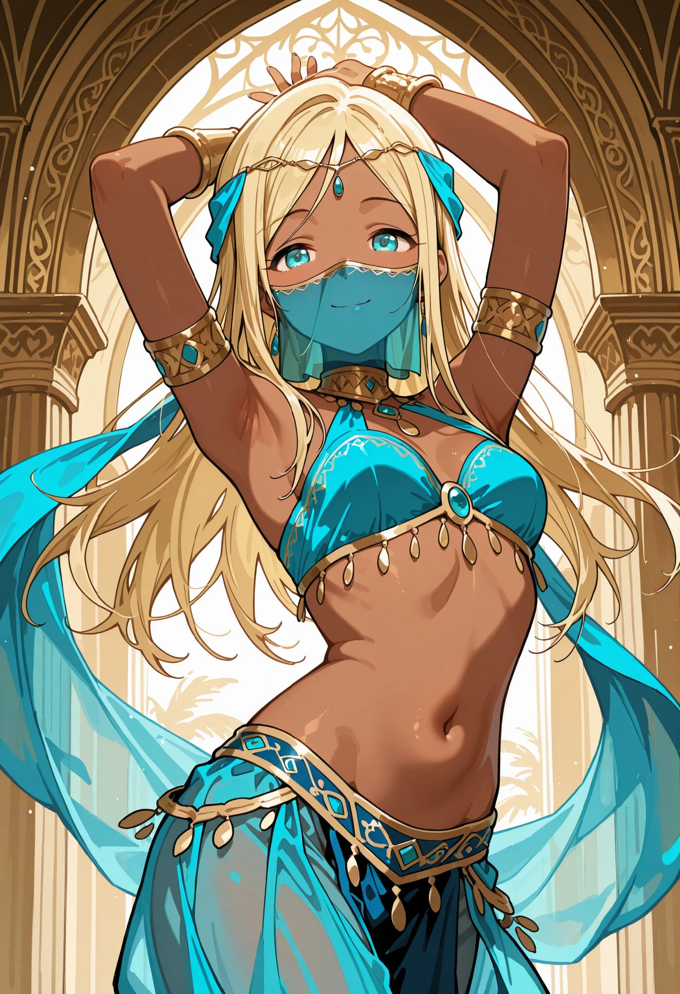Score_9, score_8_up, score_7_up, source_anime, layla/(idolmaster/), solo, parted bangs, long hair, blonde hair, aqua eyes, dark skin, small breasts, (best quality), (high quality), {masterpiece}, extremely delicate and beautiful, ultra-detailed, beautiful detailed eyes, blue arabian clothes, dancer, blue mouth veil, belly dancing, armlet, dancing, blue see-through harem pants, arabian palace, smile, closed mouth