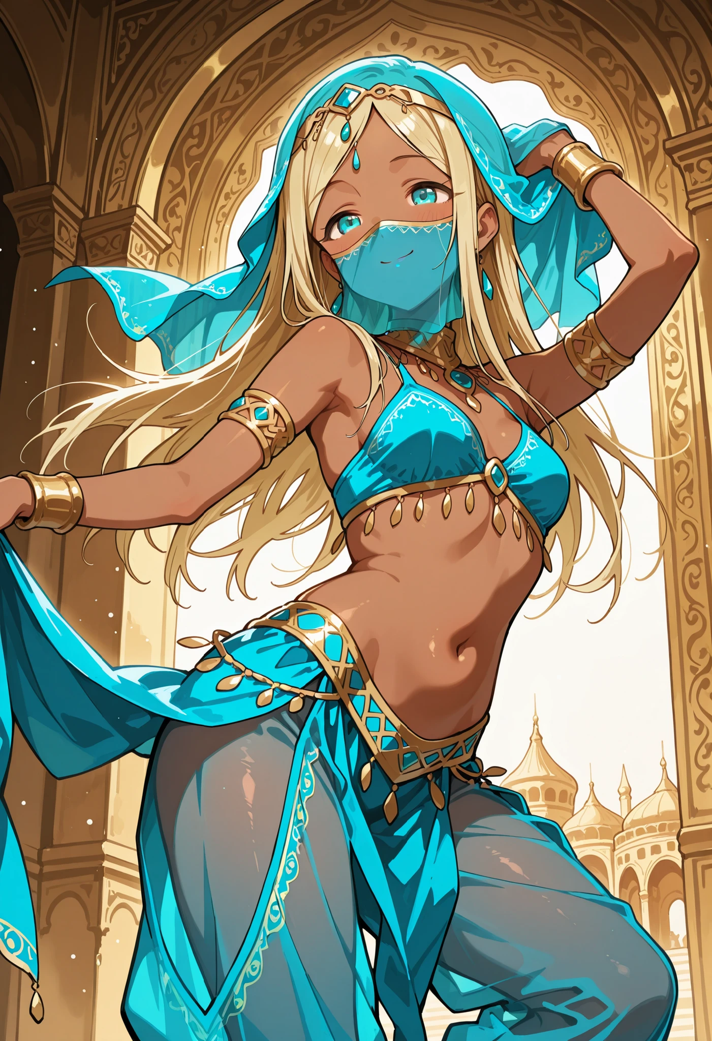 Score_9, score_8_up, score_7_up, source_anime, layla/(idolmaster/), solo, parted bangs, long hair, blonde hair, aqua eyes, dark skin, small breasts, (best quality), (high quality), {masterpiece}, extremely delicate and beautiful, ultra-detailed, beautiful detailed eyes, blue arabian clothes, dancer, blue mouth veil, belly dancing, armlet, dancing, blue see-through harem pants, arabian palace, smile, closed mouth